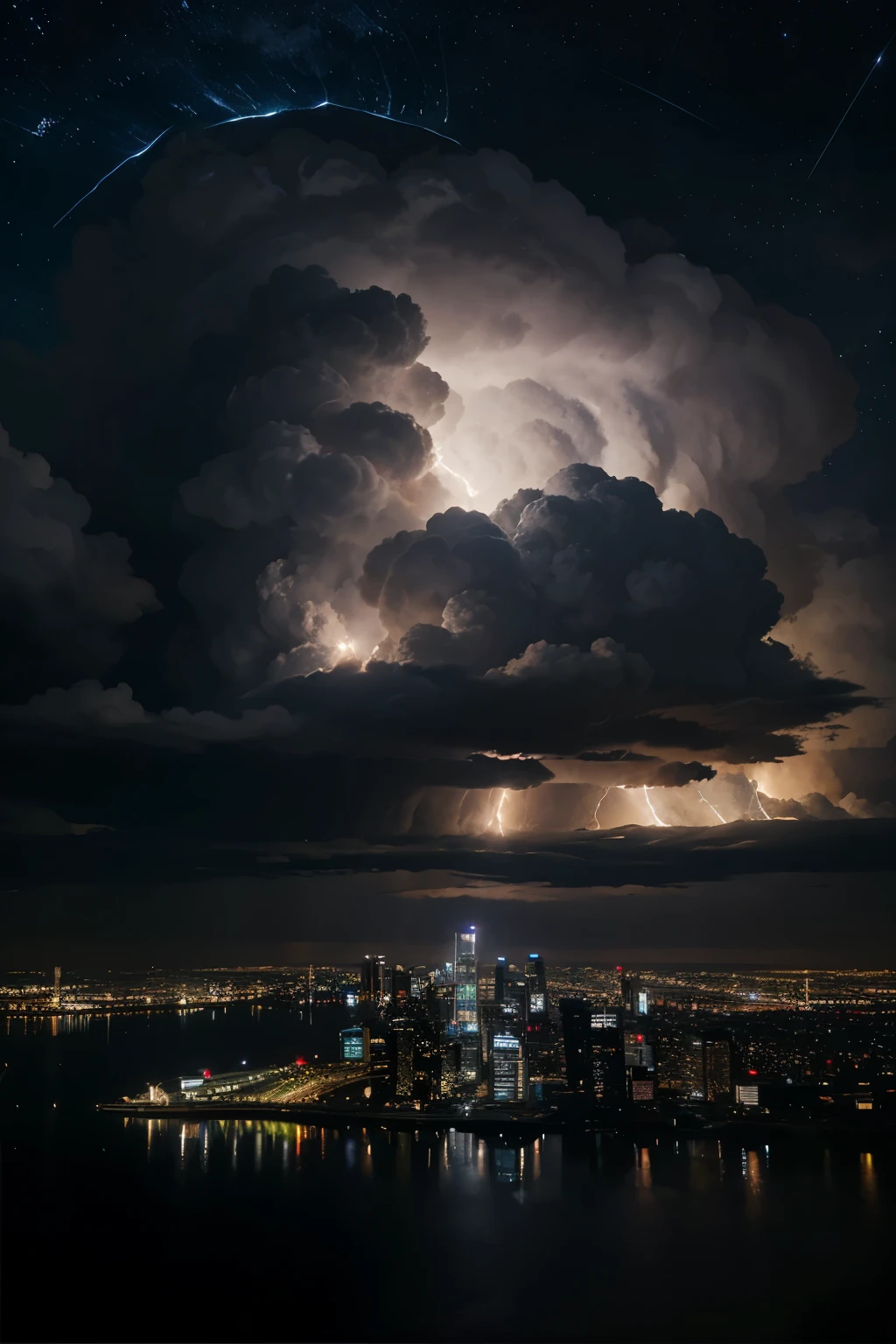 A City Skyline at night with a cumulonimbus thunderstorm at the sky with stars, reflected by the sea below.