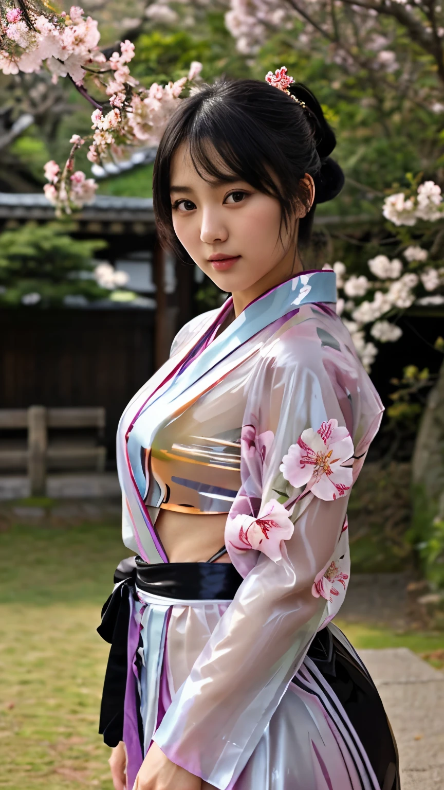 japanese princess wearing cherry blossom pattern kimono, 8k, kimono sliding off shoulder (exposed breast and nipples), hair tied up, small breasts, small pink nipples, leaning against wall inside minka, athletic body, detailed hands, beautiful face, perfect lighting, visible vagina