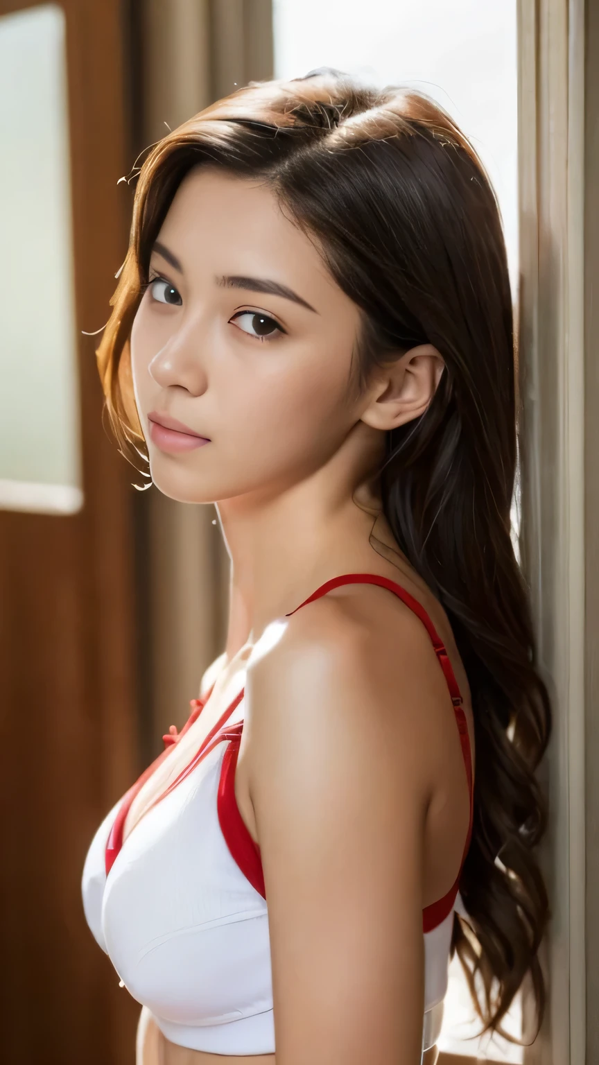 from outside, Lens 135mm f1.8,(Best Quality),(masutepiece:1.1), (Beautiful girl),japanaese girl, Cute face, ((flat chest)), (Small breasts), (Chiseled face:0.7), (hitornfreckles:0.6), Cute lips, Dappled sunlight, Dramatic Lighting, (in a school), (((photo from the waist up:1.4)))、((whole body))、Are standing、cowboy shot、(white、red((sports bra))wore)、detailed face、the abdomen is visible、slim body、