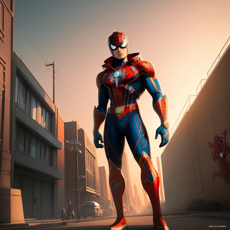 (RAW photo, best quality), (stylized, art deco:1.5), best quality, extremely detailed, masterpiece, ultra-detailed, comic book illustration, 1 character, full body, dynamic angle, Aztec Nativ Spider-Man, realistic textures, vibrant colors, web-shooters, intricate spider design, muscle definition, suit materials, detailed facial features, expressive eyes, side view, urban background, graffiti, sunset, high contrast, cinematic lighting, dramatic shadows, 8k uhd, comic book style, detailed background, action pose, heroic, powerful, adventurous, mythic, strong, authentic.