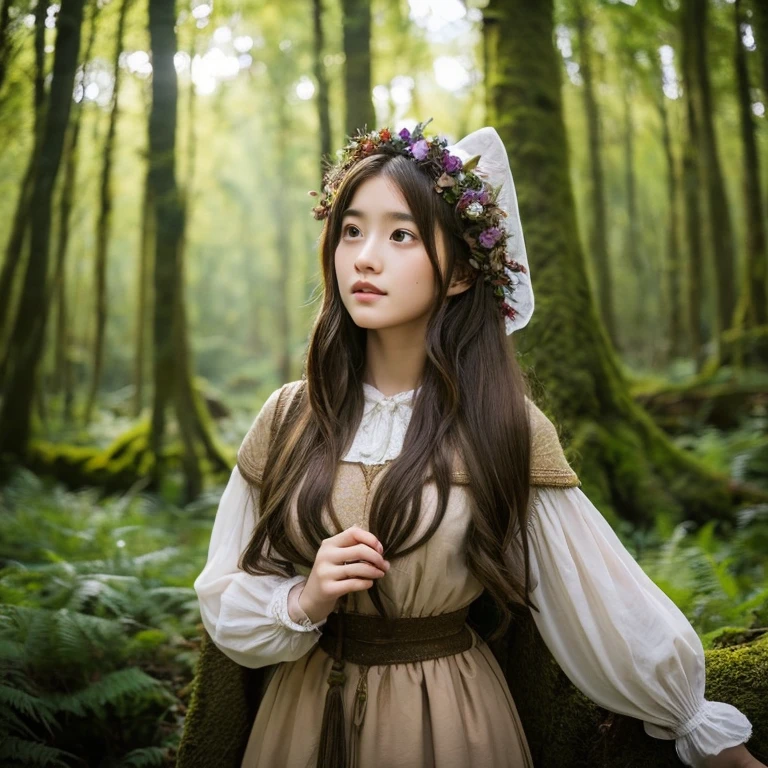 in the forest、Quarter-style beautiful girl、pointed ears、Witch's attire、ager、full moon、long hair、brown hair