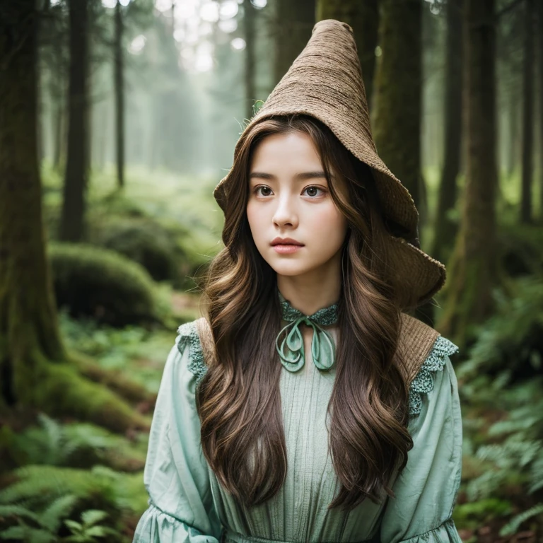 in the forest、Quarter-style beautiful girl、pointed ears、Witch's attire、teenager、full moon、long hair、brown hair