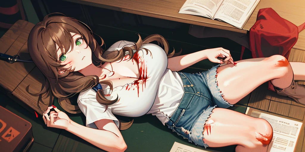 (Lie on the ground), Lisa, genshin impact, 1 girl, alone, ((white shirt)), huge breasts, cleavage, uniform, office background, denim shorts, ((Killed)), ((From above)), (cinematic lighting), dutch angle, ((Bloody ground)), ((Bloody Body)), ((There&#39;s blood on my clothes)), ((Put your arms on the ground)), (rape face), hair between eyes, green eyes, office, messy hair, large chest, long hair, brown hair, red short nails, alone,  thick thighs, Slender, adult women, very long hair, ((masterpiece)), classroom, board, class board,