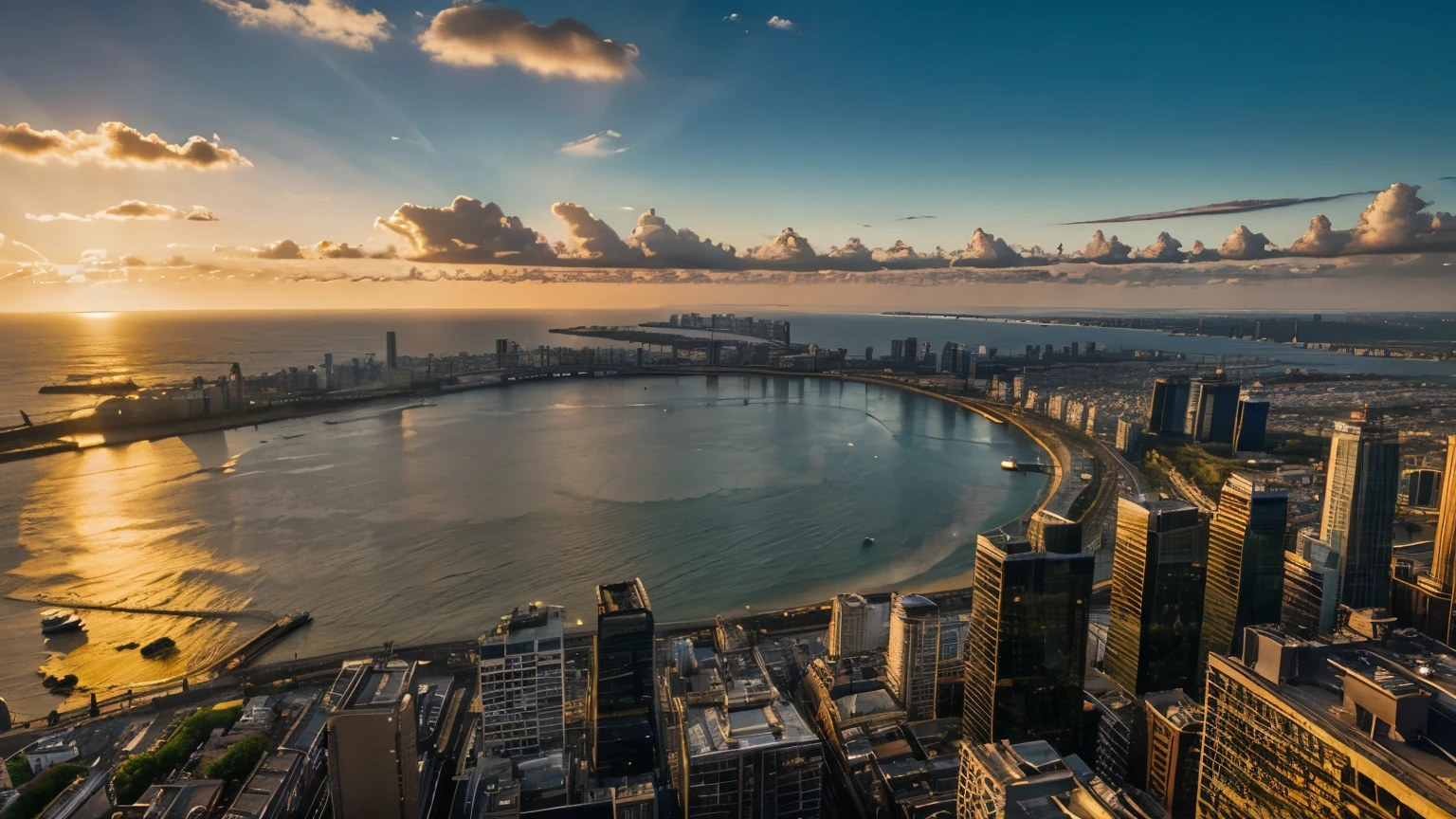 A City Skyline at golden hour, relatively cloudy, reflected by the sea below.