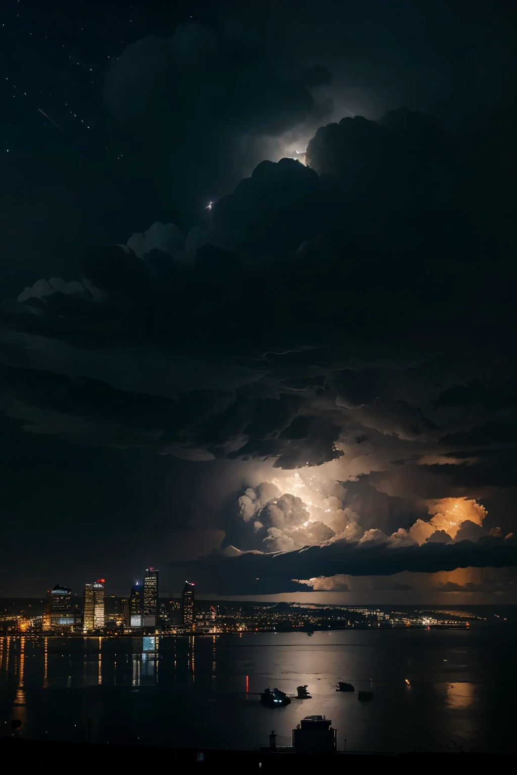 A City Skyline at night with a cumulonimbus thunderstorm at the sky with stars, reflected by the sea below.