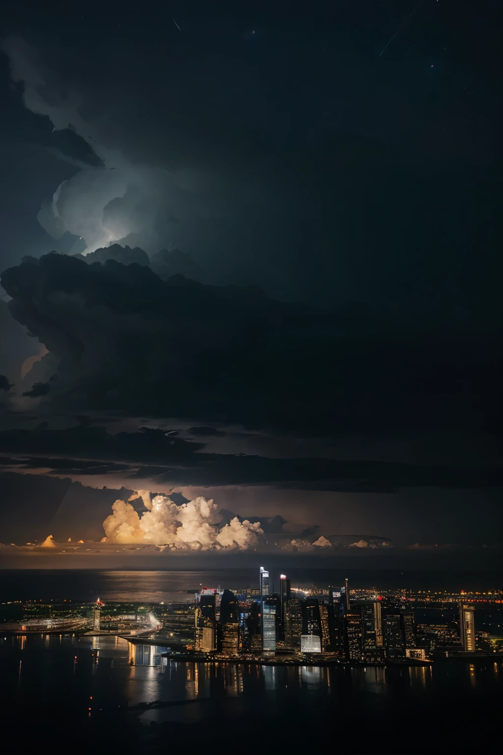 A City Skyline at night with a cumulonimbus thunderstorm at the sky with stars, reflected by the sea below.