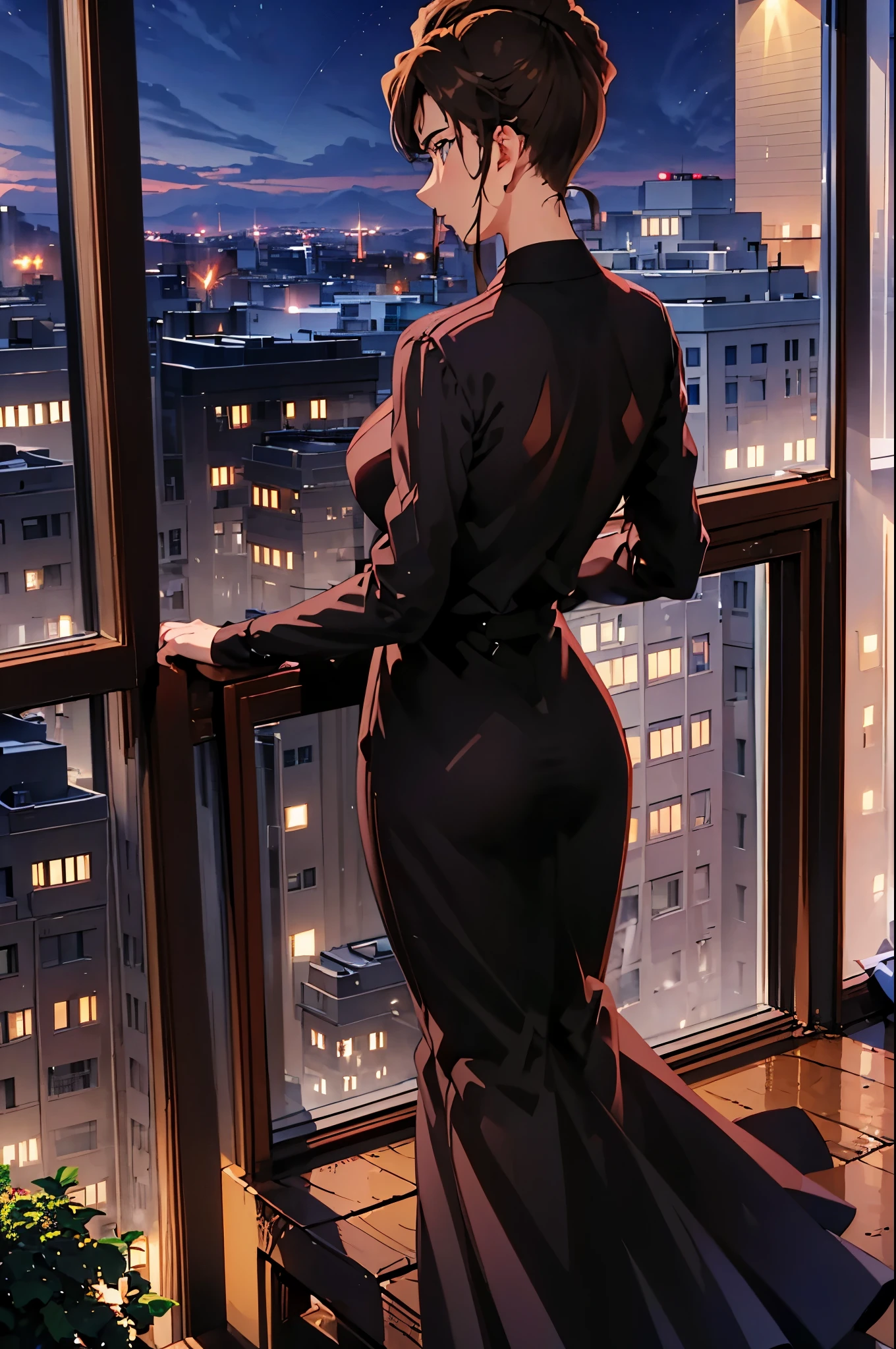 (best quality,4k,8k,highres,masterpiece:1.2),ultra-detailed,realistic,photorealistic:1.37,a woman in white dress and black top posing for a photo on the street at night,city street background,blue background,blue foreground,depth of field,from behind,looking at the audience,glancing back,dress,a woman standing at a street corner wearing a black top and white dress,high neck and black belt,city lights,lamp,motion blur,nighttime,decorated