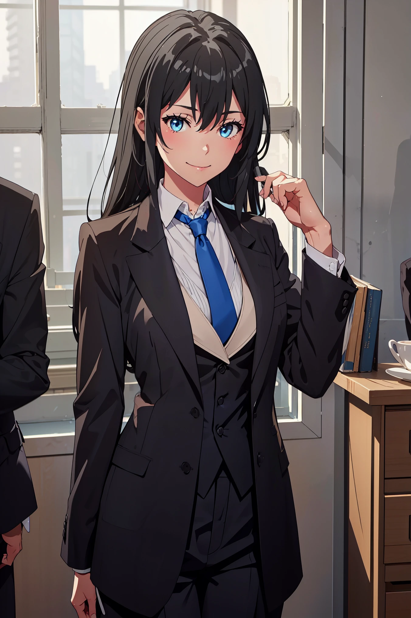 ((best quality)), ((masterpiece)), (detailed) 1girl 1girl, ;\), blurry, blurry_background, breasts, , hair_long , looking_at_viewer, ok_sign, one_eye_closed, open_hand, Yukinoshita Yukino ,Woman wearing formal clothes, An attractive coat stands in a large gap in the room , 1girl, 独奏, blue necktie, Black hair, eyes blue, long hair, smile , collared shirt, white pants, white shirt , Elegantly designed coat , Stand in front of a window ,Perfectly tailored tailcoat. It has a stunning Victorian design and is made of lustrous fabric , soft thighs , full body