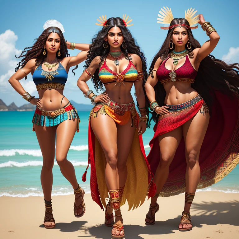 Aztec Native Robin, radiantly tanned skin, long, dark curly hair adorned with intricate golden feather headpiece, pronounced cheekbones, captivating brown eyes, striking nose ring and earrings, chest adorned with vibrant Aztec patterned tattoos and intricate jewelry, curvy figure, flowing azure and maroon skirt, intricately designed sandals, hands with detailed lines and intricate jewelry, focused gaze, standing amidst ancient ruins, arms raised in a triumphant pose, a sense of strength and resilience exuding from every pore. (Realistic, high quality, incredibly detailed, vivid colors, hyperdetailed, intricate patterns,