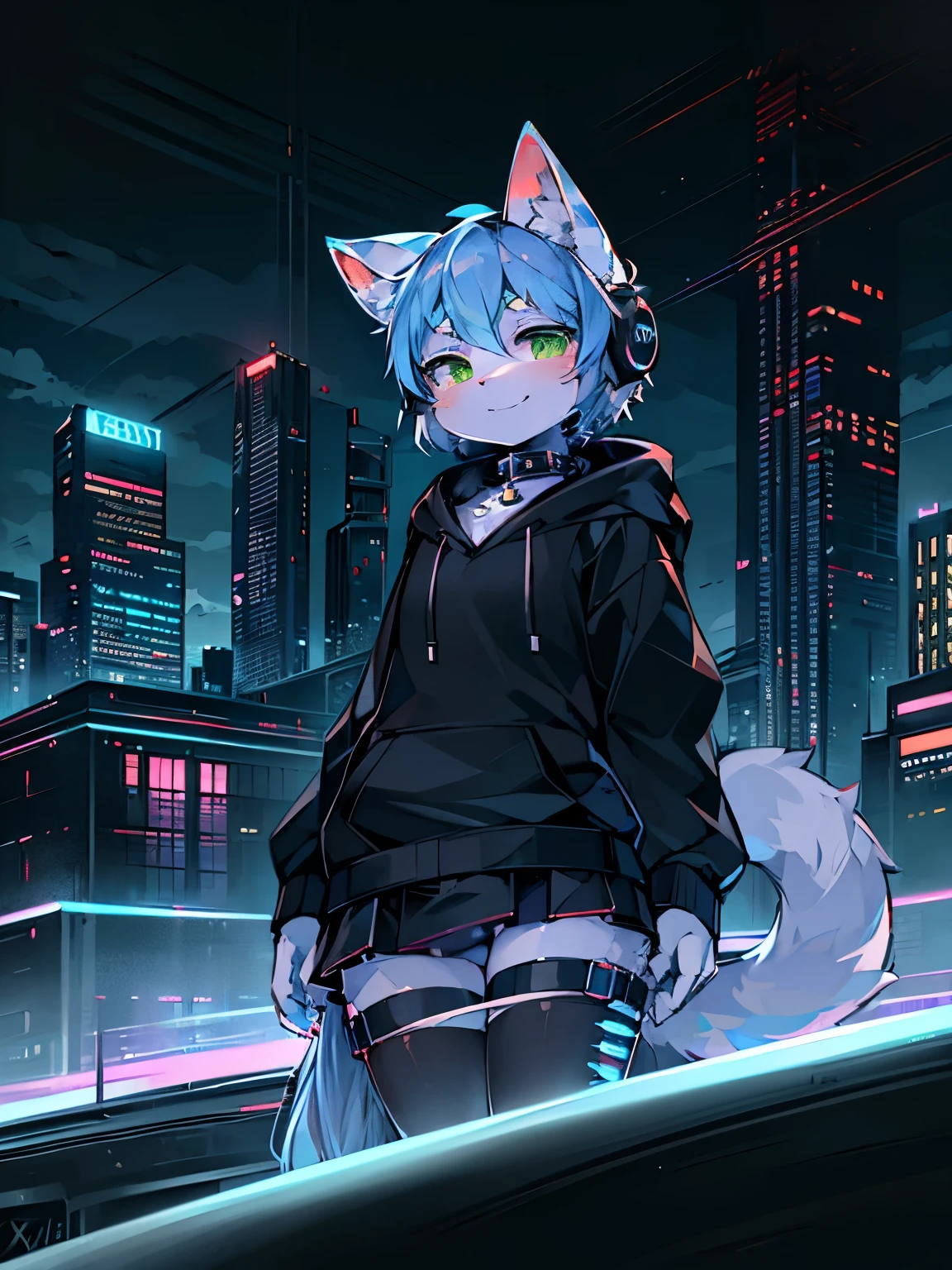 collar, (headphones:1.4), short hair, (black hair:1.35), (Thigh Highs:1.45), ((pink eyes:1.45)), ((thin:1.55)), ((canine:1.54)), ((white body:1.36)), child, hoodie, soft, (((master piece))), snow fox, neon city, shy, job youtuber or programmer, hide womb tattoo, (cute:1.45), long tail, (wheezing:1.35), (shorts:1.35), intersex,((blue eyes:1.35))