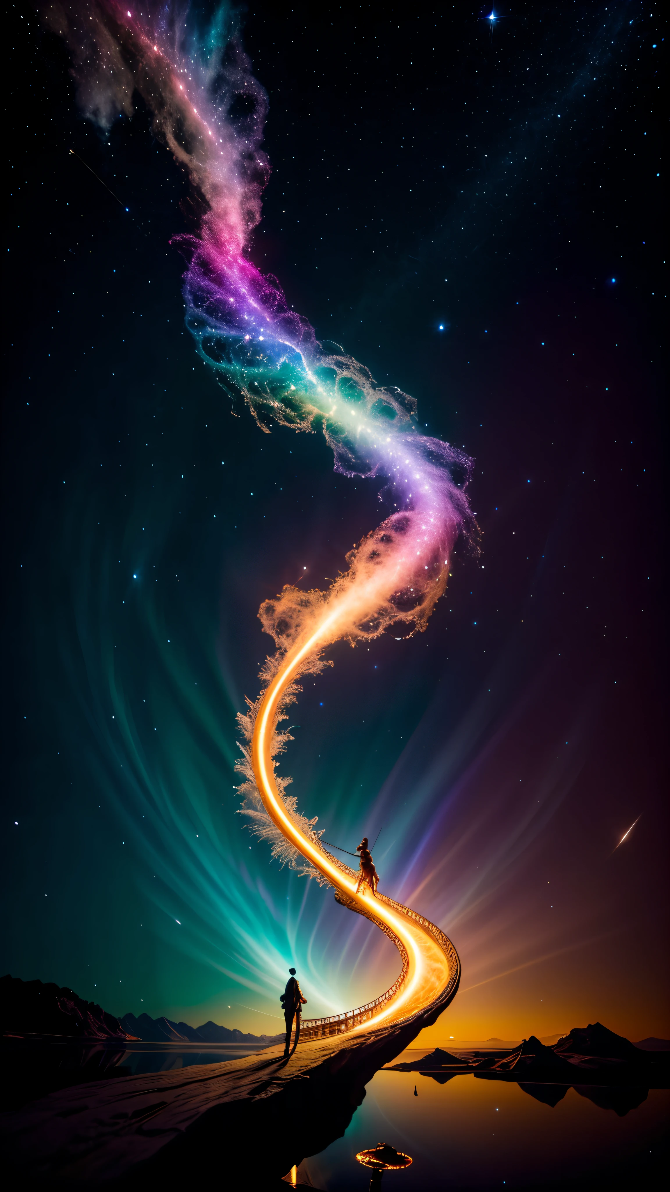 Photo galactic river, spiral, space, nebula, performer, Tobacco, iridescent, intricate details, shaped like a unicorn, octane rendering, 8K Surreal, realistic texture, Unreal Natural Lighting Engine, Cinestill 800, (35mm lens)