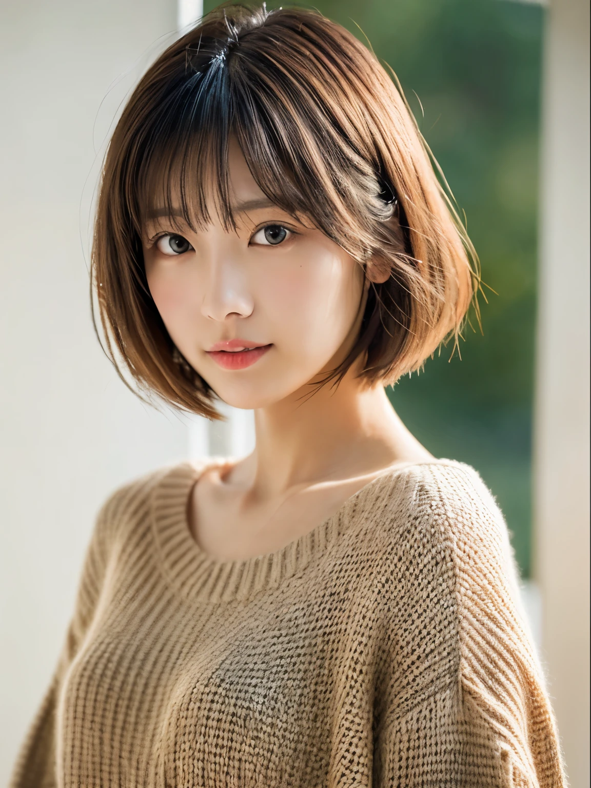 ((masutepiece,top-quality)), (photographrealistic:1.4),((masutepiece,8K))、white wall、(white room)、((full body photo))、shot in natural light、Highly detailed face and skin texture、highly detailed lips、correct state of the human body、Super high resolution、(Photoreal:1.4)、top quality, 1 beautiful woman, 28 years old, s, 150mm lens、Light yellow Knit、(Dark brown medium shorthair)、Japanese woman、(dark brown hair)、Versatile poses、looking at the camera、natural color lip、Winter clothes、 necklace、屋内