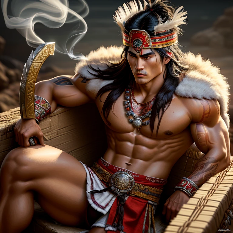 masterpiece, highest quality, high resolution, solo, Aztec Native Liu Kang, sitting in a traditional aztec setting, wearing intricately designed feathered headdress and loincloth, muscular physique, sun-kissed golden skin, aztec warrior, fierce expressions, holding a ceremonial blade
best quality, masterpiece, ultra high res, (photorealistic:1.4), raw photo, (Authentic skin texture:1.3), (film grain:1.3), outdoor, character portrait, very wide shot, broad shoulders, intricate tattoos, (smoke or fire in background, low key lighting)
masterpiece, top image