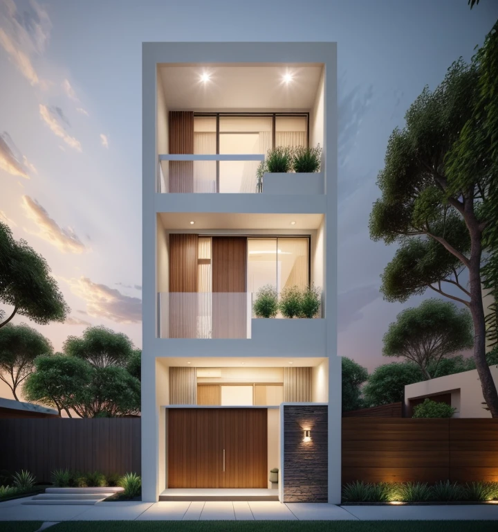 Realistic images, extremely detailed, a modern house, 1 road in font of house, large yard made by ceramic, (1 car), brick fence, lawn, a few small flowers, a road in front of the house, main materials of the house are white walls and red brick, Modern design, clear blue sky, sunrise light, light from inside, dynamic light,shimering light, cinematic light, romantic feeling, (((day light, warm light)))