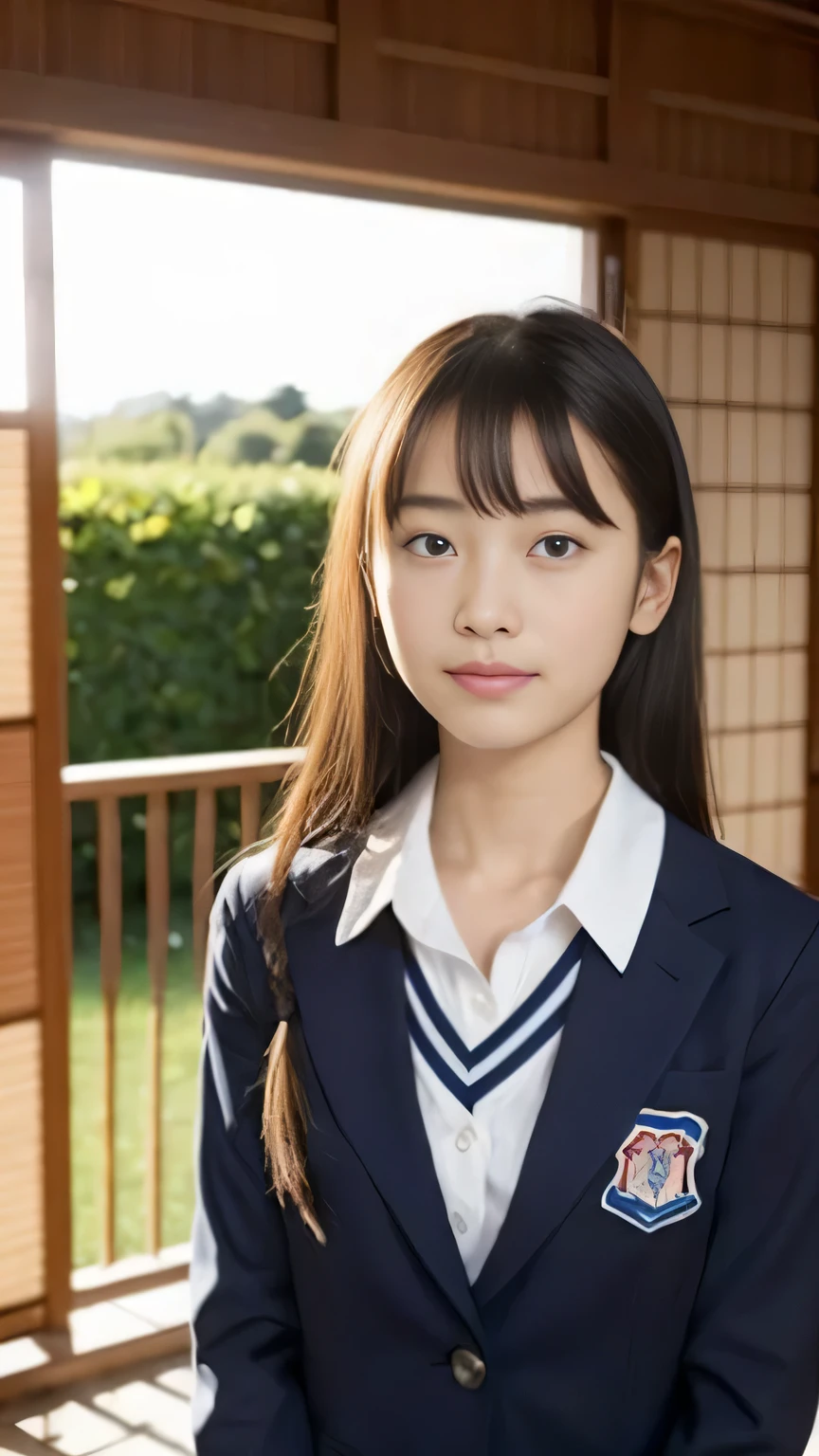 from outside, Lens 135mm f1.8,(Best Quality),(masutepiece:1.1), (Beautiful 14 year old girl),japanaese girl, Cute face, ((flat chest)), (Small breasts), (Chiseled face:0.7), (hitornfreckles:0.6), Cute lips, Dappled sunlight, Dramatic Lighting, (Japan school uniform), (in a school), (((腰から上の写真:1.4)))、((全身))、立っている、カウボーイショット、(スポーツブラを着けた)、