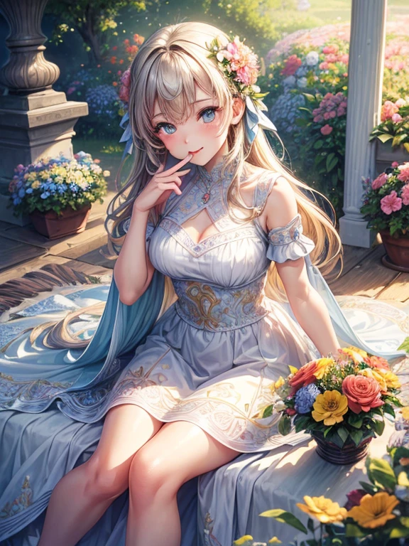 (best quality,4k,highres,masterpiece:1.2),ultra-detailed,realistic:1.37,illustrations,vector art,beautifully detailed eyes and face,girl licking a blooming flower,colourful garden,soft lighting,vibrant colors,playful expression,cheerful atmosphere,joyful moment,adorable dress,morning sunlight,delicate petals,curious look,nature-inspired scenery,artistic rendering,fine lines and curves,whimsical style,dreamy atmosphere,harmonious composition,gentle breeze,ethereal beauty,enchanted surroundings,endearing gesture,meticulous details,vivid brush strokes,outdoor setting,sunlit flowers,happy and carefree,blissful innocence,juicy and fresh flowers