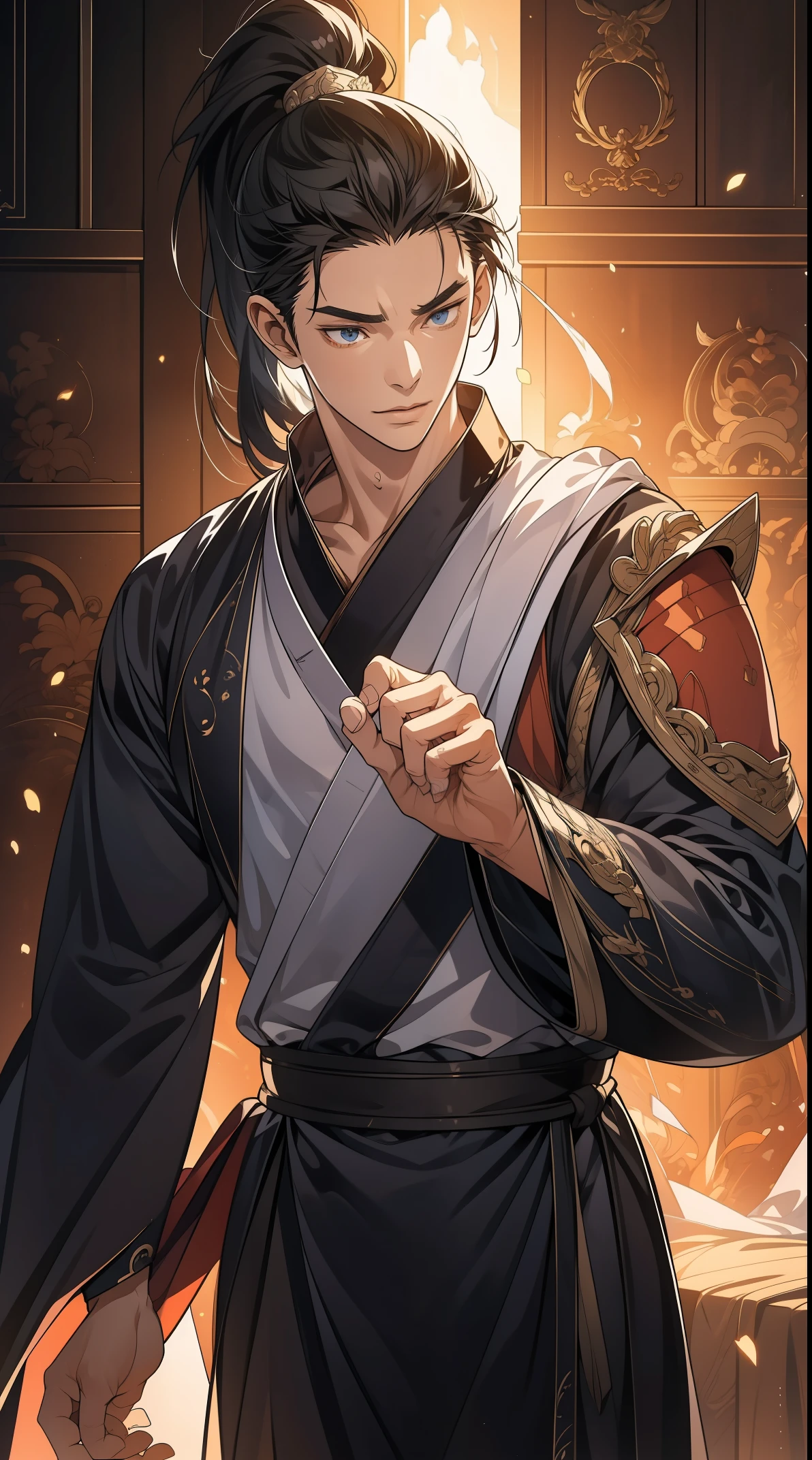 Two dimensions,anime style,one person(male warrior),proportions are correct,facial details,swordsman,high ponytail hairstyle,neck detail,Have an Adam's apple,Black period costume,joke,black toga,clothing details,Handing over,long sleeves,Game quality,fencing,Ray tracing,Ray tracing,Detailed glow,CG rendering,hair details,long black hair,blue eyes,Handsome,Handsome,(Youthful feeling),Clothing is complicated,Perfect composition,refine,high quality,higher details,many details,Complex background,a sense of atmosphere,