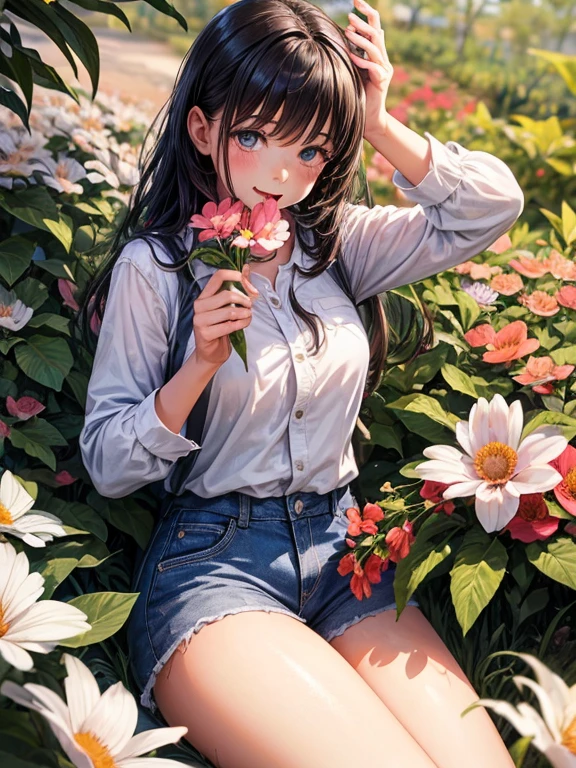 (Ilustraciones Vectores)), ((a girl licking a blooming flower))