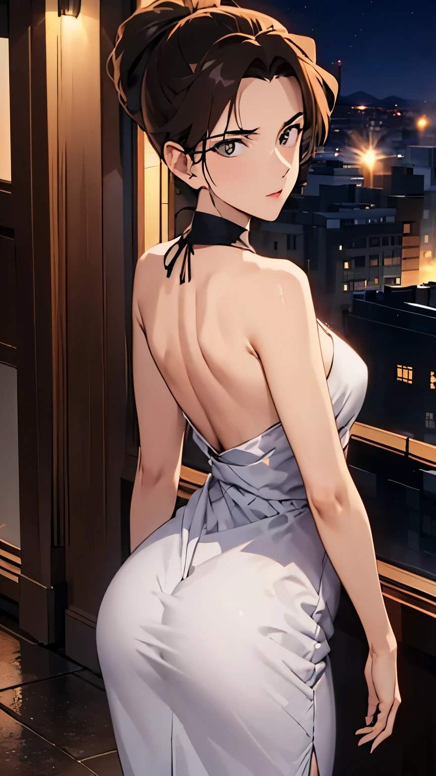 (best quality,4k,8k,highres,masterpiece:1.2),ultra-detailed,realistic,photorealistic:1.37,a woman in white dress and black top posing for a photo on the street at night,city street background,blue background,blue foreground,depth of field,from behind,looking at the audience,glancing back,dress,a woman standing at a street corner wearing a black top and white dress,high neck and black belt,city lights,lamp,motion blur,nighttime,decorated