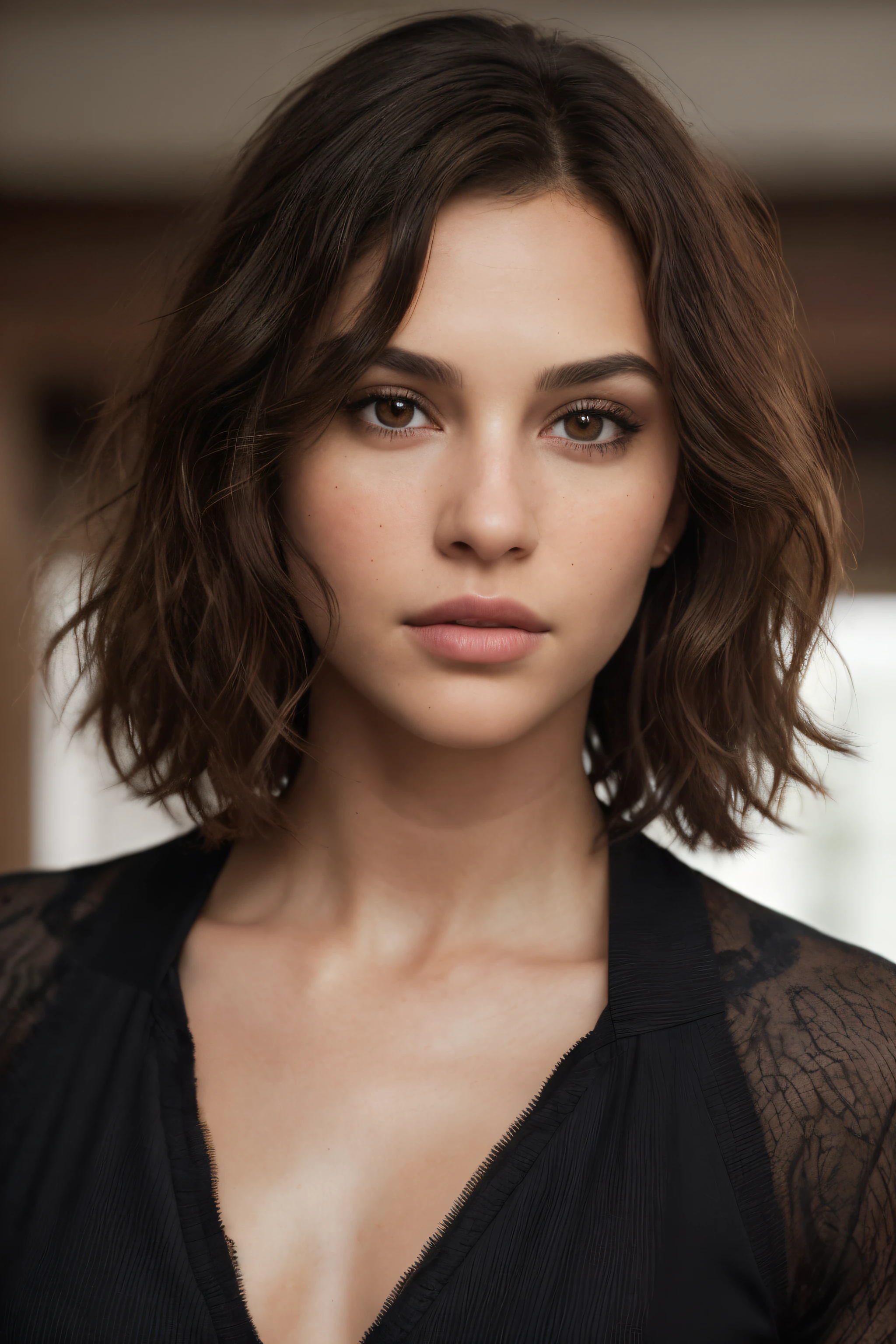 Breathtaking cinematic photo of a 30 year old girl with cheveux bruns and yeux marrons, expression sérieuse, beau lips, détails complexes, faible profondeur de champ, très détaillé, film hollywoodien à gros budget, Épique, beau, grain filmique, chef-d'œuvre, primé, professionnel, très détaillé, Texture de peau détaillée, (rougir: 0.5), (chair de poule: 0.5). (the most beau woman in the world) (cheveux bruns) (Cheveux courts et bouclés, les cheveux sauvages, coupe élégante) visage mince, nez fin, beau, very beau, parfait face, mince body (mince), (cheveux bruns) (yeux marrons ) (peau blanche) Beau corps, Face occidentale, yeux prédateurs, lèvres roses, cuisses épaisses. tout le corps, beauté occidentale, nez fin, beau, parfait, ((meilleure qualité)), ((Ultra résolution)), ((photoréaliste: 1.4)), (détails complexes), parfait face, se maquiller: 1.5 , visage clair, détails du visage. vue de face ((costume noir, uniforme noir, Vêtements tactiques, déguisement d'espion))