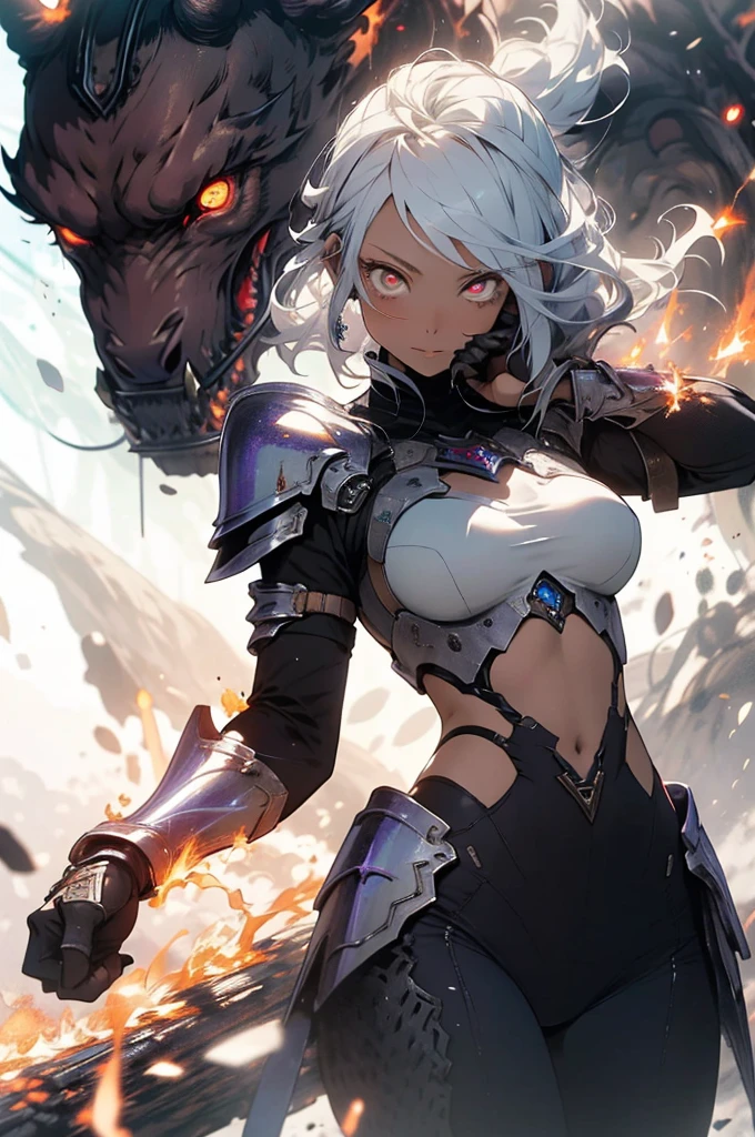 make it realistic,(masterpiece,highest quality,highest quality,very detailed,fractal art,most detailed,(background is abstract:1.5)(1 girl),Kamimei,(hair length),(Shining red eyes and beautiful white hair、big breasts,trained abdominal muscles),crystallization,high leotard,sexy,machine armor、devil's horns、break、berserk , (A burning flame:1.4),