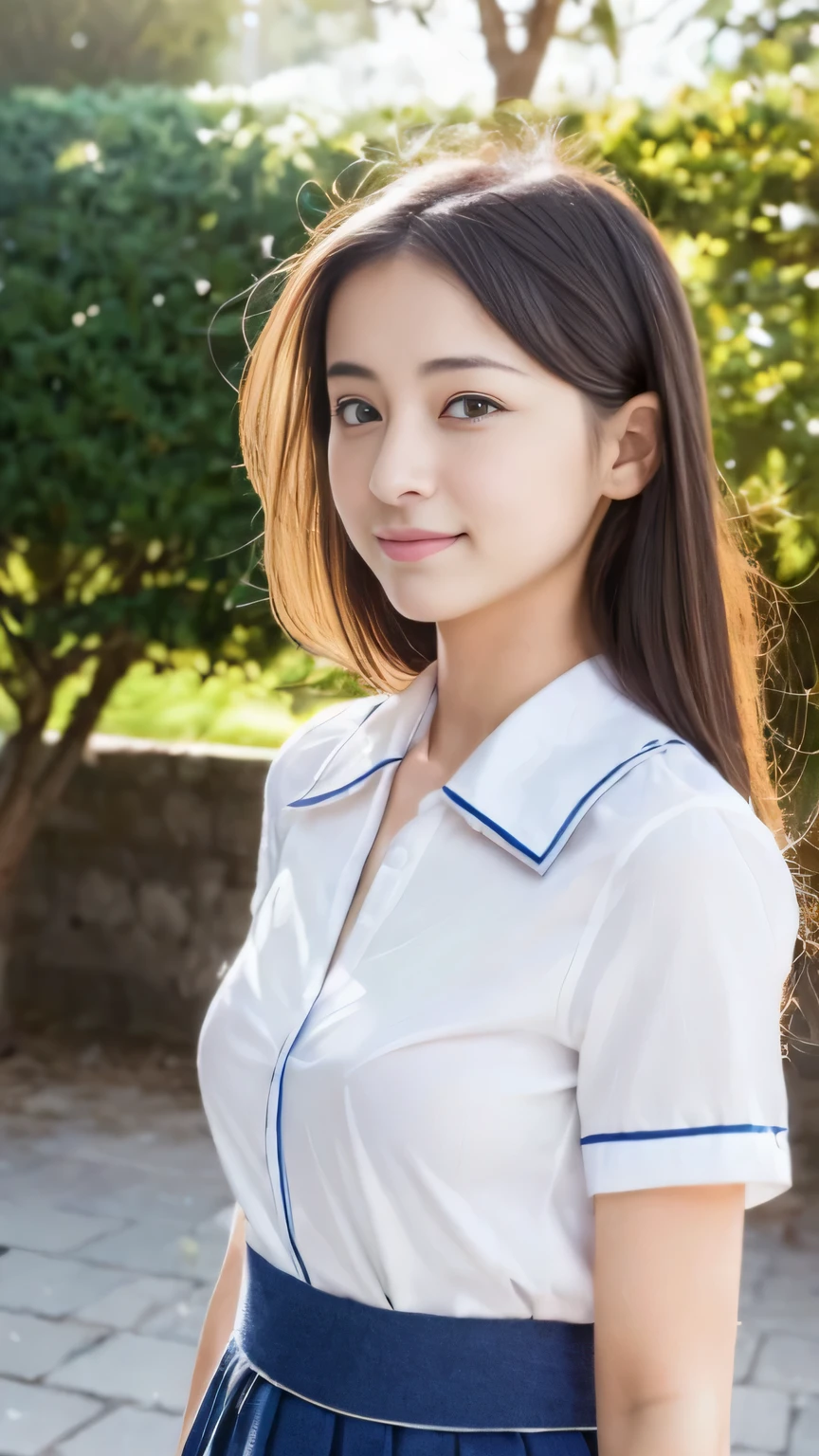 from outside, Lens 135mm f1.8,(Best Quality),(masutepiece:1.1), (Beautiful girl),japanaese girl, Cute face, ((flat chest)), (Small breasts), (Chiseled face:0.7), (hitornfreckles:0.6), Cute lips, Dappled sunlight, Dramatic Lighting, (Japan school uniform), (in a school), (((photo from the waist up:1.4)))、((whole body))、Are standing、cowboy shot、White short-sleeved blouse、Chest button unbuttoned、