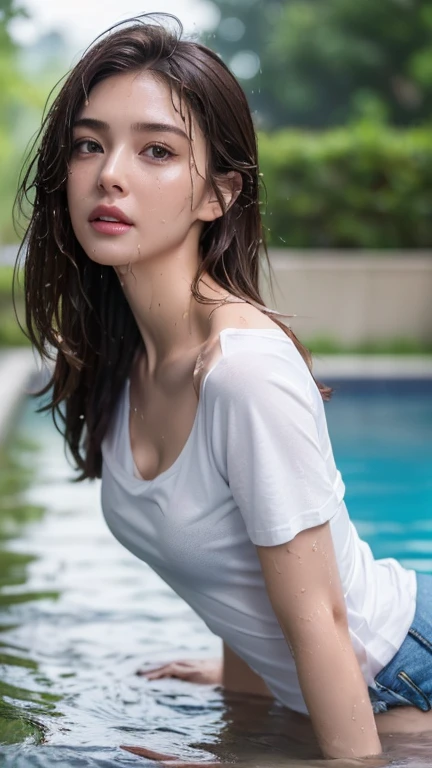 ((Realistic lighting, Best quality, 8K, Masterpiece: 1.3)), ((flat chest)), camisole,,Clear focus: 1.2, 1girl, Perfect Figure: 1.4, ((Dark brown hair)), (t-shirt: 1.4), swimming pool, ((wet skin, rainy day, soaked, wet clothes, drenched)), Super fine face, Fine eyes, Double eyelids, (half body)