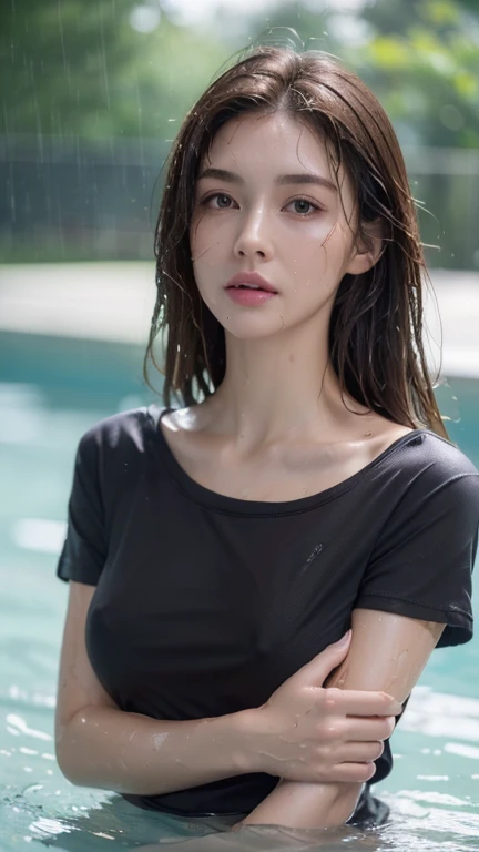 ((Realistic lighting, Best quality, 8K, Masterpiece: 1.3)), ((flat chest)), camisole,,Clear focus: 1.2, 1girl, Perfect Figure: 1.4, ((Dark brown hair)), (t-shirt: 1.4), swimming pool, ((wet skin, rainy day, soaked, wet clothes, drenched)), Super fine face, Fine eyes, Double eyelids, (half body)