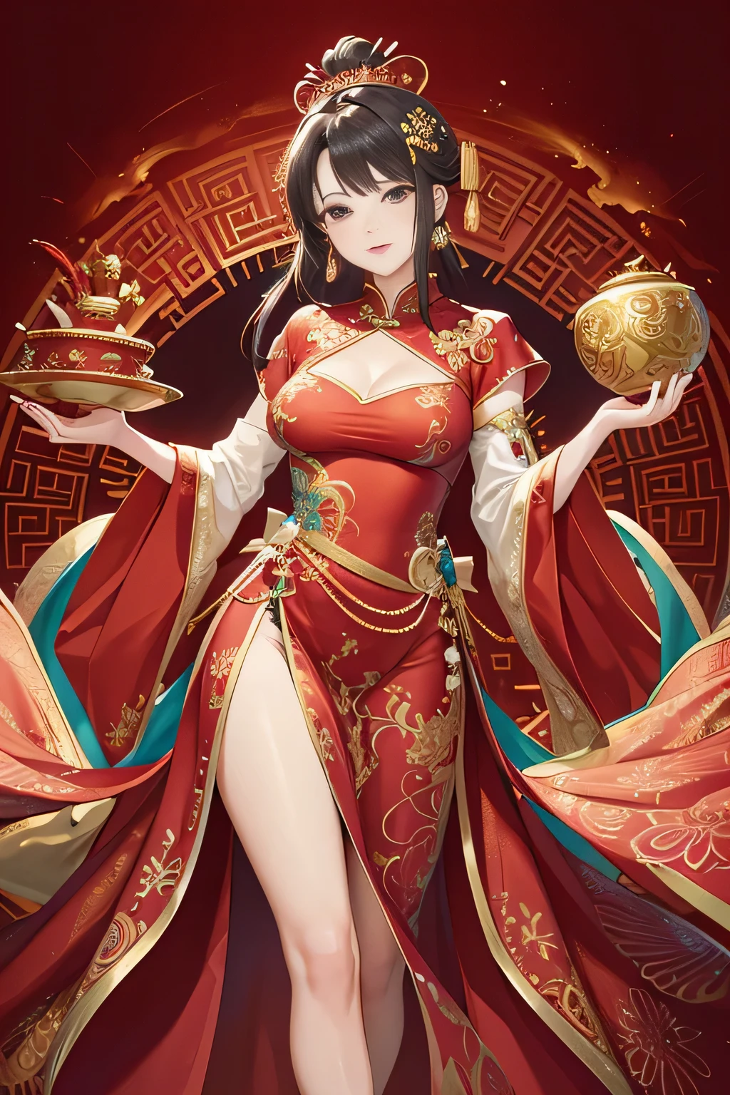 A woman wearing a bright red and gold Chinese costume, Wearing a beautifully designed phoenix crown on her head, 是这部masterpiece的中心人物. This scene takes place at the center of a Chinese wedding, A place where beauty and aesthetics reign supreme (1.2). 这款top quality, First-class art is carefully crafted, Every detail checked to ensure its official artistic status (masterpiece, top quality, best quality) (1.3).
In this most detailed rendering,Every curve and line depicts a woman's body, Reminiscent of complex fractal art (1.1). bold red and gold h
