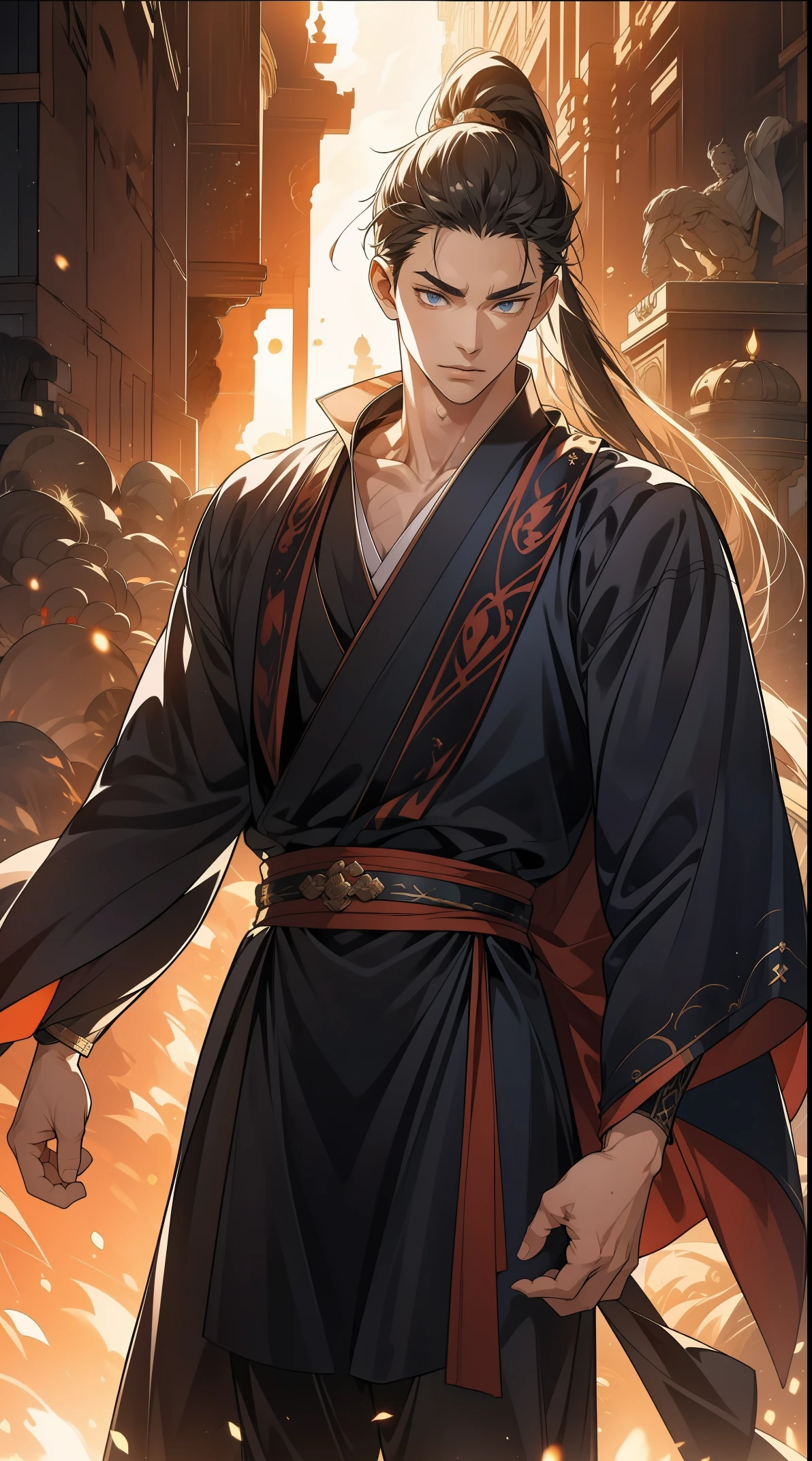 Two dimensions,anime style,one person(male warrior),proportions are correct,facial details,swordsman,high ponytail hairstyle,neck detail,Have an Adam's apple,Black period costume,joke,black toga,clothing details,Handing over,long sleeves,Game quality,fencing,Ray tracing,Ray tracing,Detailed glow,CG rendering,hair details,long black hair,blue eyes,Handsome,Handsome,(Youthful feeling),Clothing is complicated,Perfect composition,refine,high quality,higher details,many details,Complex background,a sense of atmosphere,