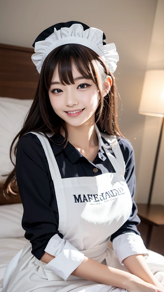 maid_cosplay, solo, enmaided, simple background, long sleeves, 1girl, maid headdress, bangs, apron, ツインテールの髪, maid, one side up, smile, open mouth, maid apron, white apron,bed,lying,on sidde,sleeping