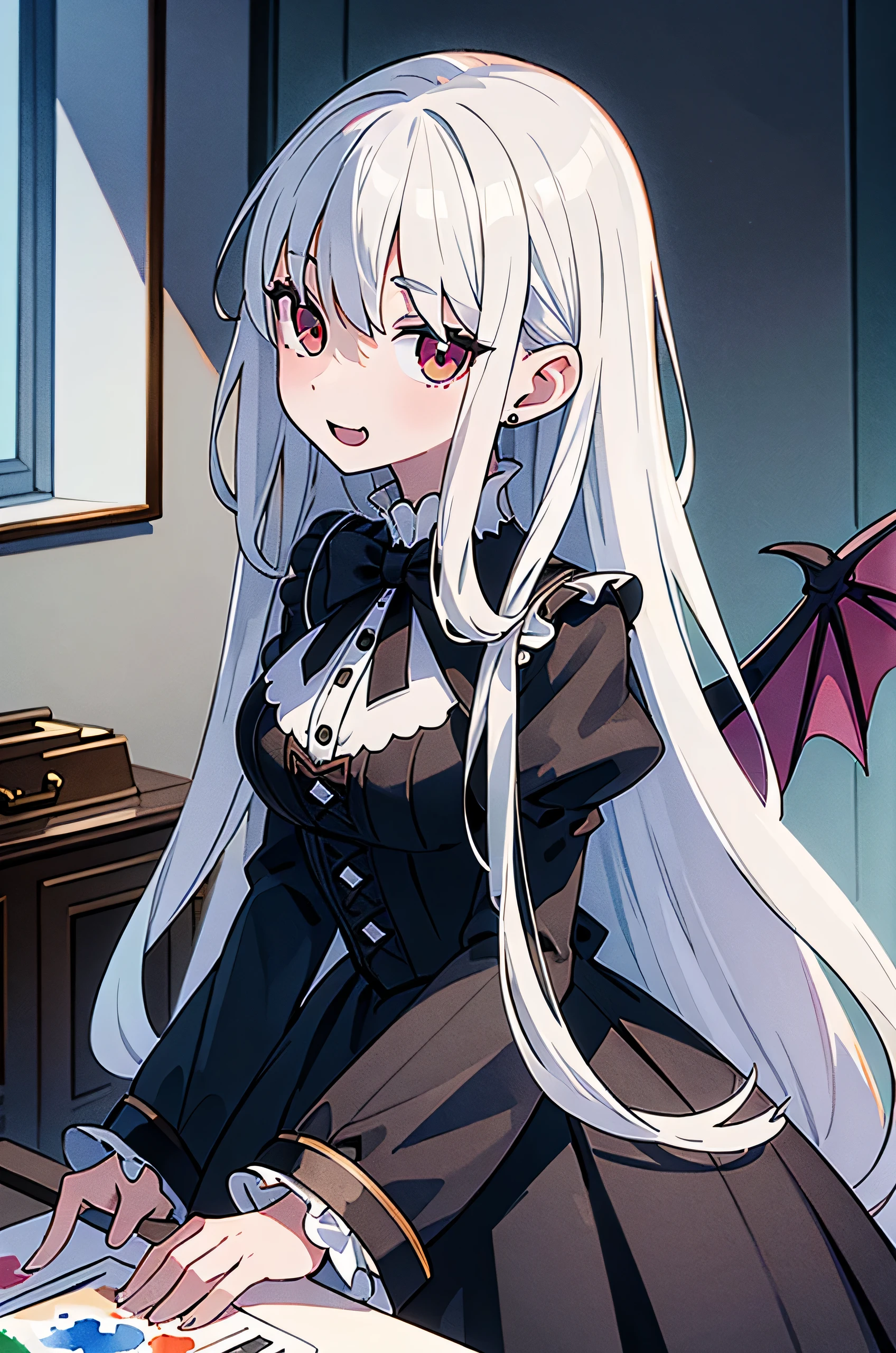 (masterpiece, best quality, ultra-detailed, highres, best watercolor illustration, 8k), 1 ****ta girl, long white hair, black gothic dress, vampire wings, fangs