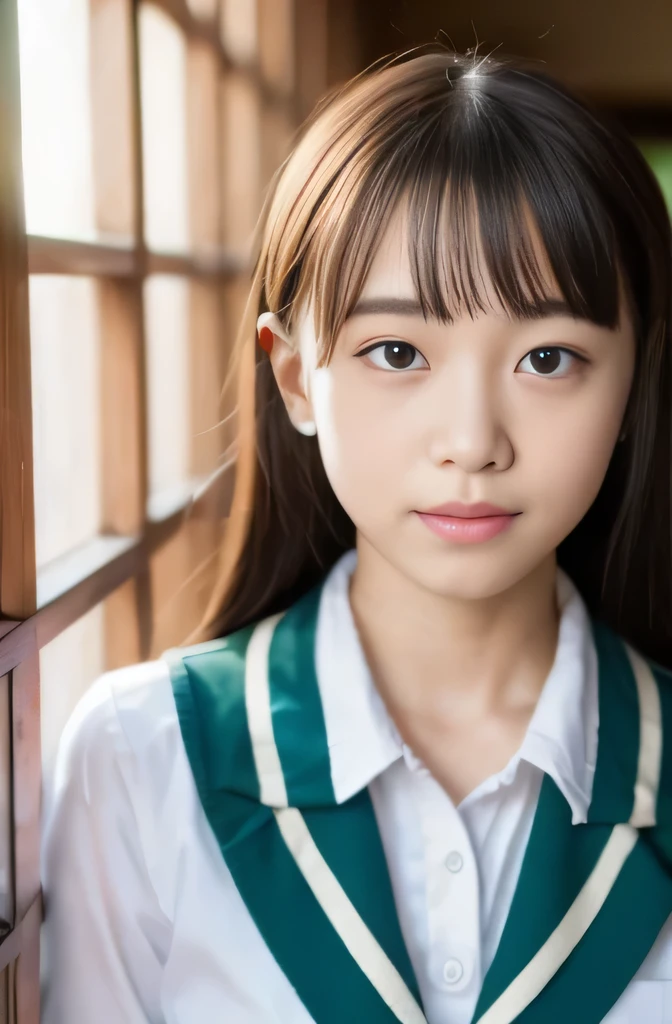 from outside, Lens 135mm f1.8,(Best Quality),(masutepiece:1.1), (Beautiful girl),japanaese girl, Cute face, ((flat chest)), (Small breasts), (Chiseled face:0.7), (hitornfreckles:0.6), Cute lips, Dappled sunlight, Dramatic Lighting, (Japan school uniform), (in a school), (腰から上の写真:1.2)、全身、立っている、