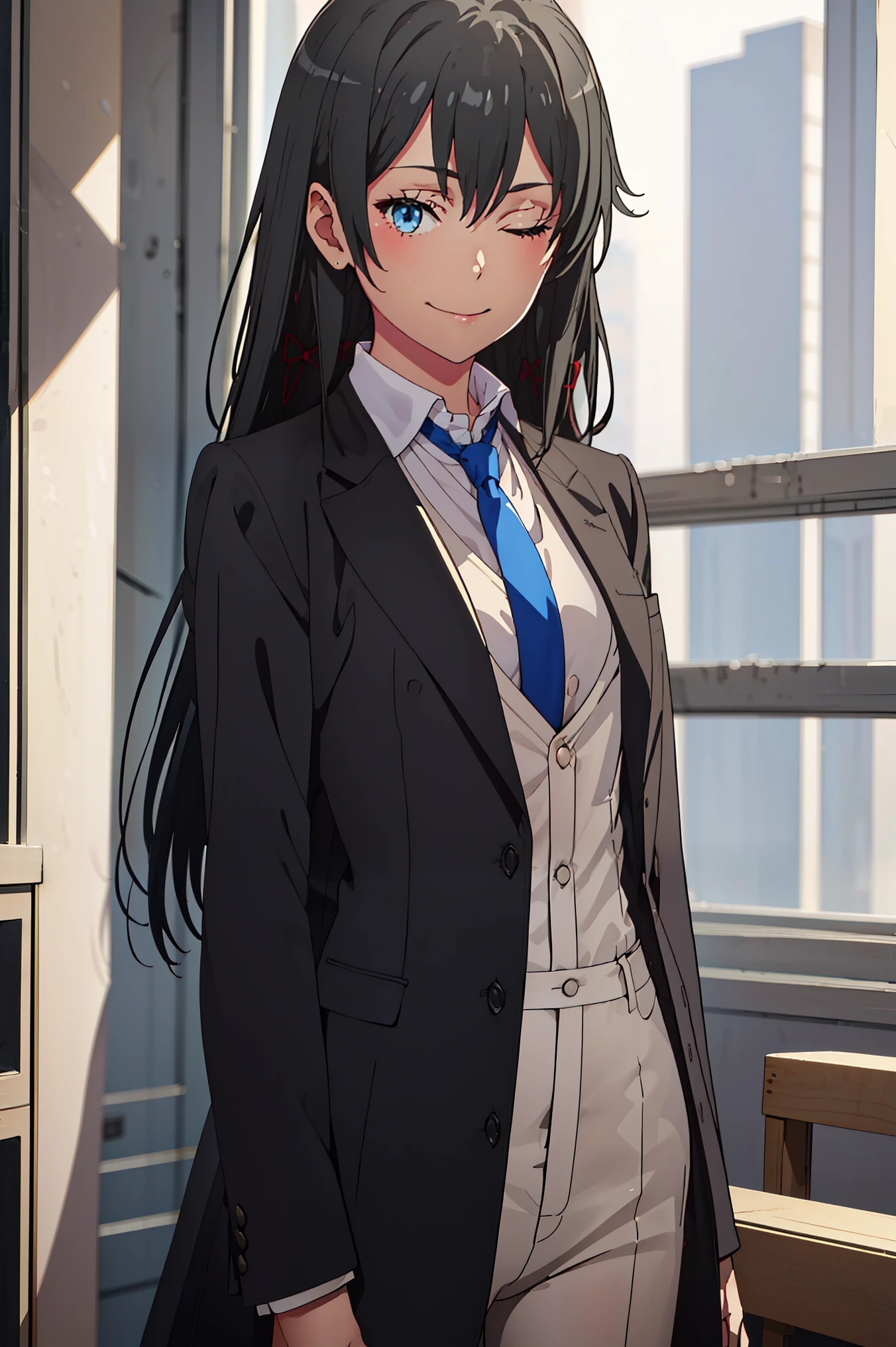 ((best quality)), ((masterpiece)), (detailed) 1girl 1girl, ;\), blurry, blurry_background, breasts, , hair_long , looking_at_viewer, ok_sign, one_eye_closed, open_hand, Yukinoshita Yukino ,Woman wearing formal clothes, An attractive coat stands in a large gap in the room , 1girl, 独奏, blue necktie, Black hair, eyes blue, long hair, smile , collared shirt, white pants, white shirt , Elegantly designed coat , Stand in front of a window ,Perfectly tailored tailcoat. It has a stunning Victorian design and is made of lustrous fabric , soft thighs , full bod