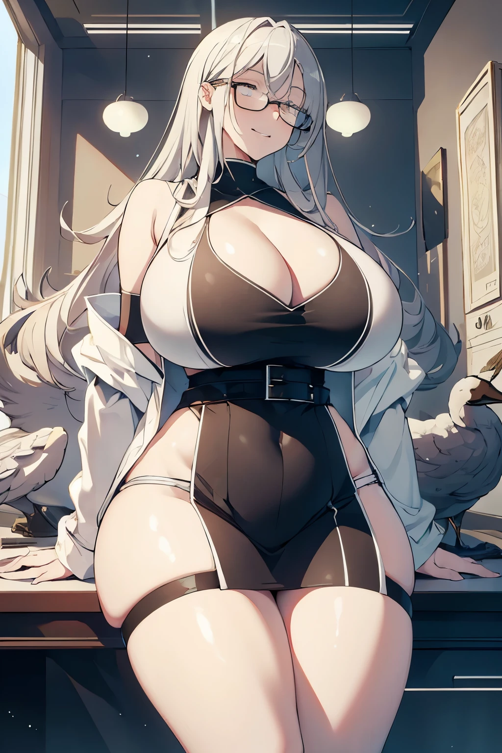 masterpiece ,best quality , 1 girl , 1 geese , (huge tits:1.1) , (thick arm:1.1) , thick thigh , huge hip , silver hair , lab coat , doctor's white robe , evil smile , black glasses ,