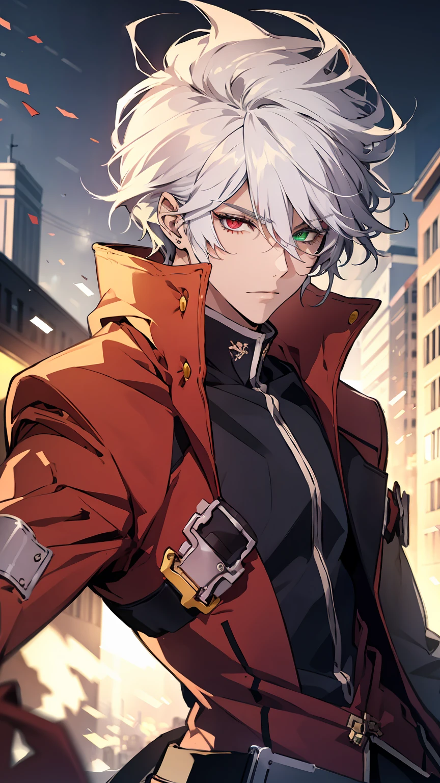 Upper body,1young man,((heterochromia,right eye is red eye,left eye is green)),silver hair,modern buildings on the background,((best quality:1.3)), high quality, masterpiece,ultra-detailed 