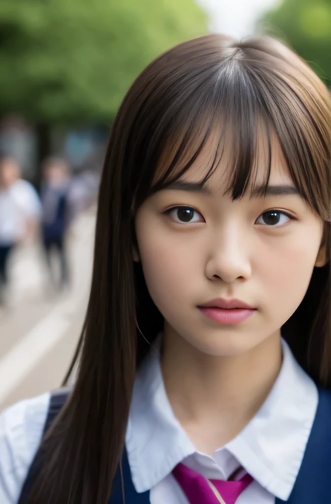 from outside, Lens 135mm f1.8,(Best Quality),(masutepiece:1.1), (Beautiful 14 year old girl),japanaese girl, Cute face, ((flat chest)), (Small breasts), (Chiseled face:0.7), (hitornfreckles:0.6), Cute lips, Dappled sunlight, Dramatic Lighting, (Japan school uniform), (in a school), 腰から上の写真、全身、立っている、