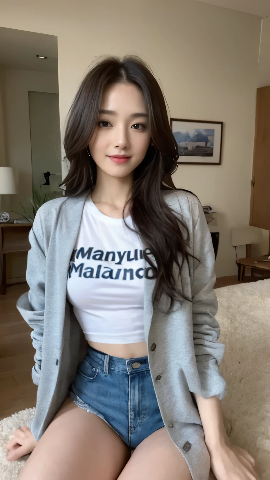 ((top-quality、8k、masterpiece:1.3))、Beautiful woman with perfect body:1.4、slim abdomen:1.2、Longhair, normal breast, Highly detailed facial and skin texture, A detailed eye, (smile), (full body shot), ((computer room)), (sitting), (((wearing t-shirt with jacket)), looking in front