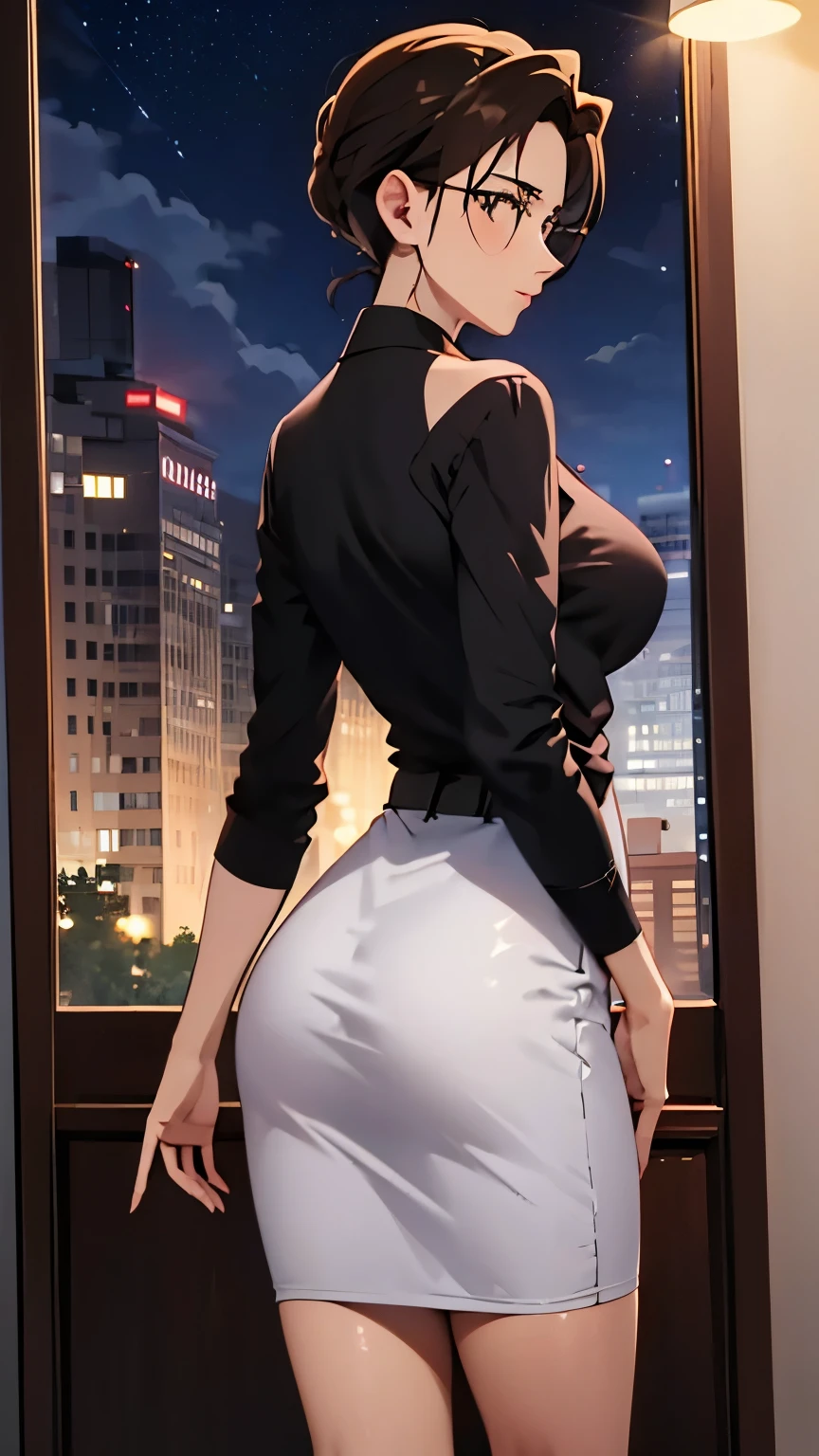 (best quality,4k,8k,highres,masterpiece:1.2),ultra-detailed,realistic,photorealistic:1.37,a woman in white dress and black top posing for a photo on the street at night,city street background,blue background,blue foreground,depth of field,from behind,looking at the audience,glancing back,dress,a woman standing at a street corner wearing a black top and white dress,high neck and black belt,city lights,lamp,motion blur,nighttime,decorated