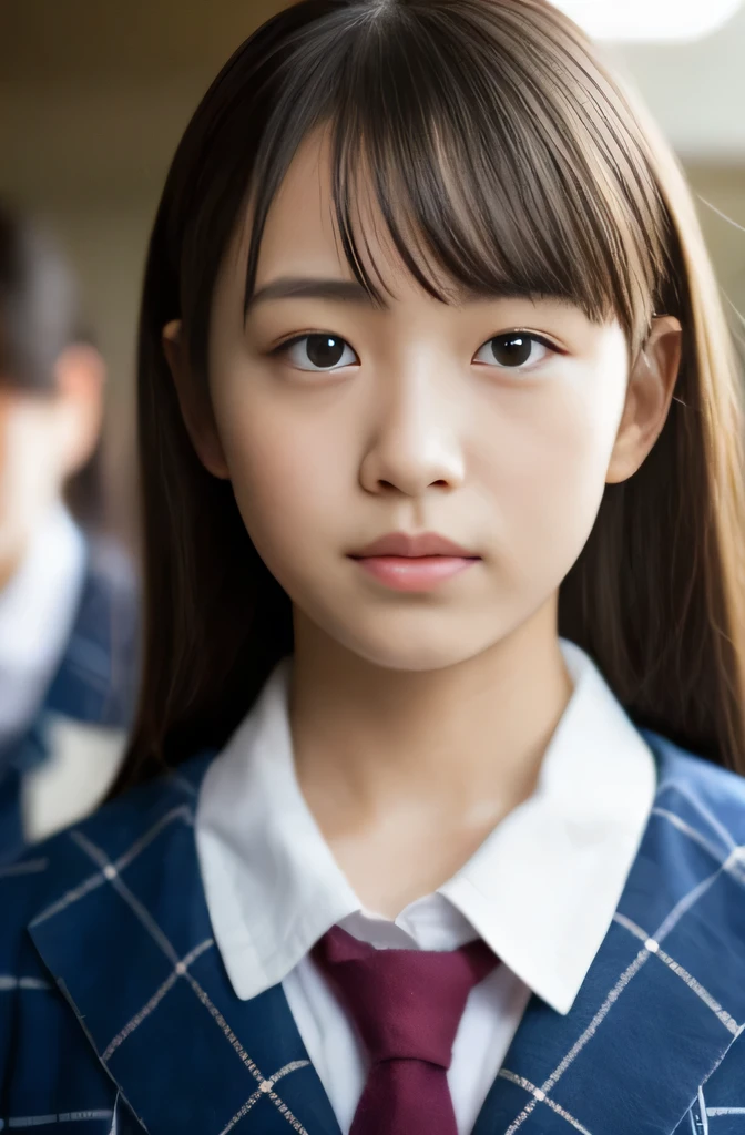 from outside, Lens 135mm f1.8,(Best Quality),(masutepiece:1.1), (Beautiful  girl),japanaese girl, Cute face, ((flat chest)), (Small breasts), (Chiseled face:0.7), (hitornfreckles:0.6), Cute lips, Dappled sunlight, Dramatic Lighting, (Japan school uniform), (in a school), 腰から上の写真、

