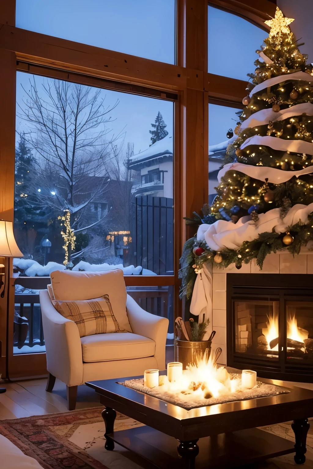 "A warm European-style living room full of Christmas atmosphere，Looks particularly charming under the warm light at night。A dim yellow lamp illuminates the living room interior，Big windows，Spacious floor-to-ceiling windows，Snowflakes fall gently,Covering the scenery outside the window，Create a peaceful winter night scene。。The whole scene creates a warm、Merry and peaceful Christmas night atmosphere。
