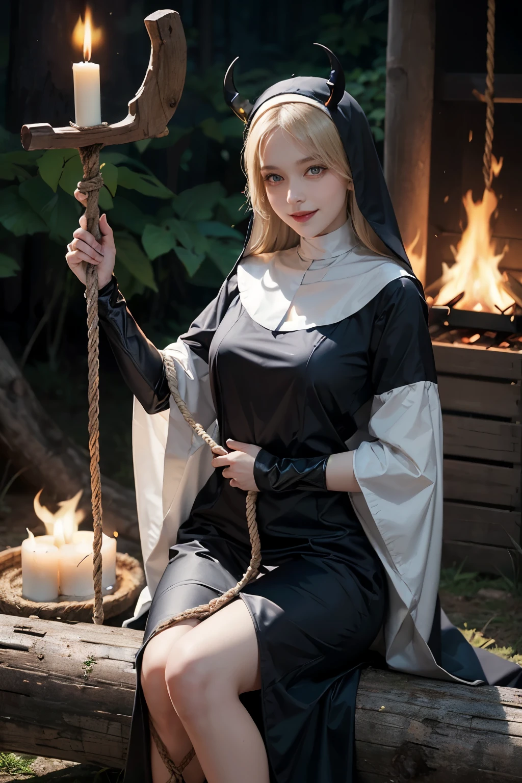 Girl Sukkub in full growth.  Scandinavian blonde with horns and tail of Satan. Red eyes. Very beautiful and sexy. Smiles with a carnivorous smile. In outright clothes of the nun. Sits on a log, near gallows. Surrounded in flame. In her hands holds a rope with a noose and plays with it.
