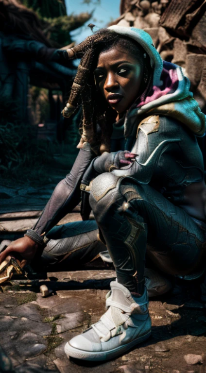 NSFW (masterpiece, ultra quality, high resolution, 8k, intricate: 1.2), (full body shot, front shot, wide shot:1.4), (senna, from league of legends:1.6),  (holding her giant weapon, brown top, white bottom, golden finishes:1.3), (small white cloak, hood:1.2), (white shoes:1.2),[backgroumd; forest; night; dark green mist; (tree, light sun rays through trees):1.2]