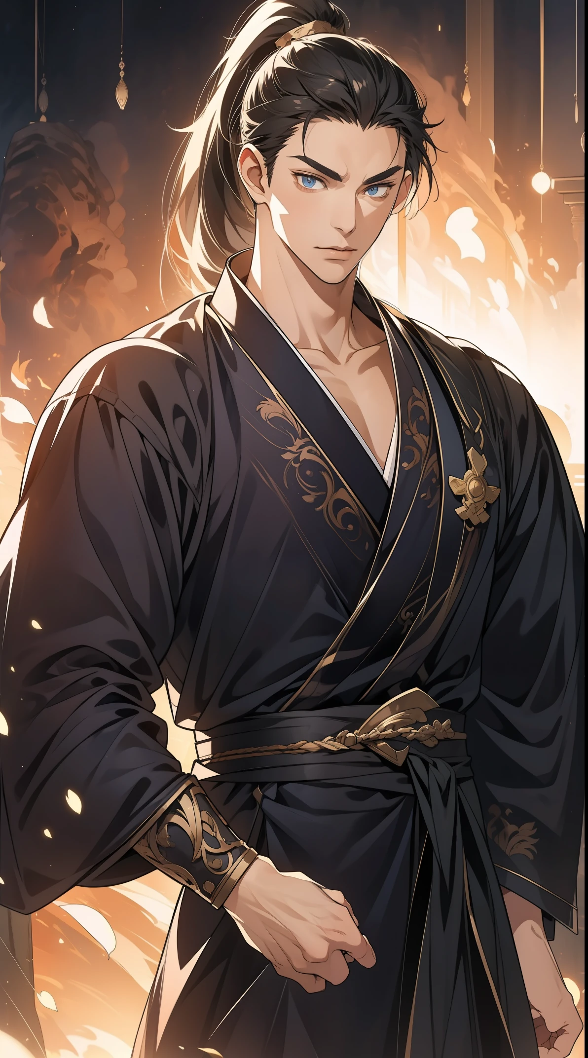 Two dimensions,anime style,one person(male warrior),proportions are correct,facial details,swordsman,high ponytail hairstyle,neck detail,Have an Adam's apple,Black period costume,joke,black toga,clothing details,Handing over,long sleeves,Game quality,fencing,Ray tracing,Ray tracing,Detailed glow,CG rendering,hair details,long black hair,blue eyes,Handsome,Handsome,(Youthful feeling),Clothing is complicated,Perfect composition,refine,high quality,higher details,many details,Complex background,a sense of atmosphere,