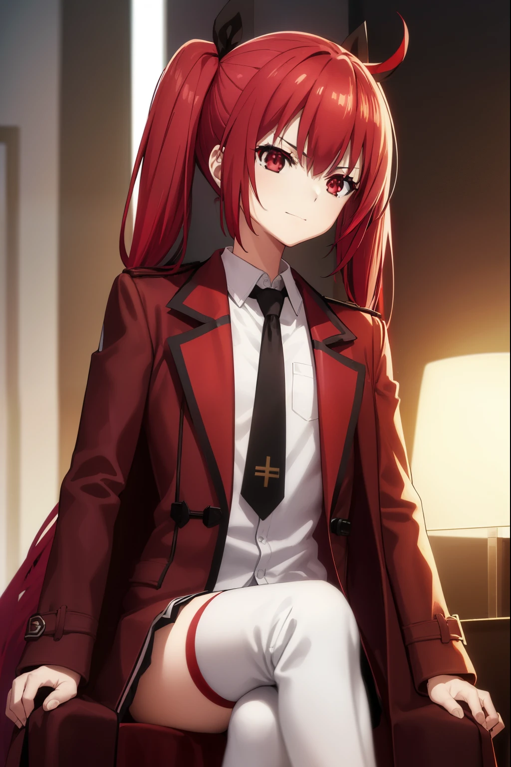 kotoriitsuka, kotori itsuka, long hair, (red eyes:1.5), red hair, ahoge, (flat chest:1.2),
BREAK (coat on shoulders:1.7), (white shirt:1.5), coat, (red coat:1.5), collared shirt, long sleeves, twintails, hair ribbon, black ribbon, necktie, school uniform, skirt, red skirt, pleated skirt, thighhighs, black necktie,
BREAK looking at viewer, (sitting:1.5), throne, from below, smile, angry, chair, crossed arms,
BREAK indoors,
BREAK (masterpiece:1.2), best quality, high resolution, unity 8k wallpaper, (illustration:0.8), (beautiful detailed eyes:1.6), extremely detailed face, perfect lighting, extremely detailed CG, (perfect hands, perfect anatomy),