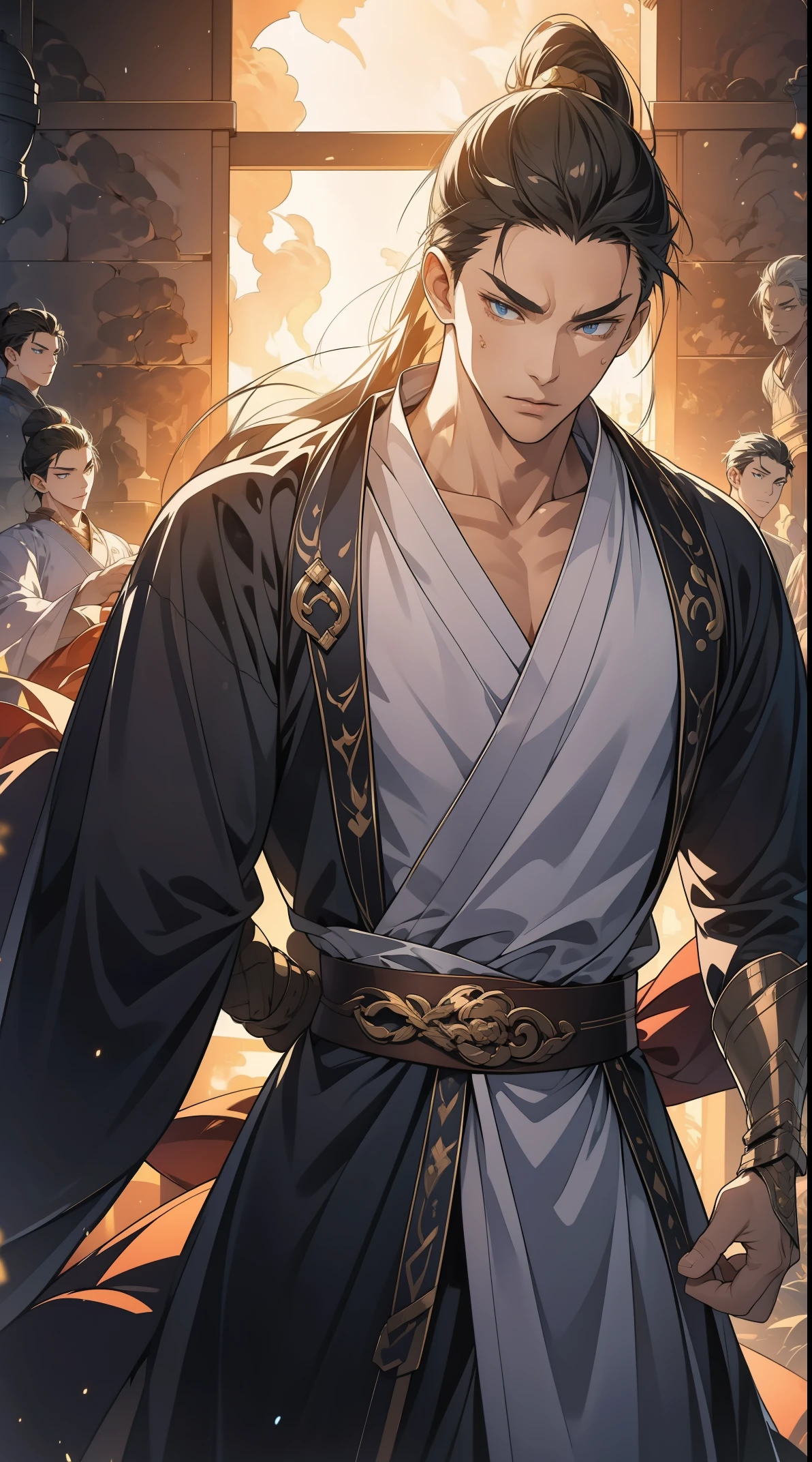 Two dimensions,anime style,one person(male warrior),proportions are correct,facial details,swordsman,high ponytail hairstyle,neck detail,Have an Adam's apple,Black period costume,joke,black toga,clothing details,Handing over,long sleeves,Game quality,fencing,Ray tracing,Ray tracing,Detailed glow,CG rendering,hair details,long black hair,blue eyes,Handsome,Handsome,(Youthful feeling),Clothing is complicated,Perfect composition,refine,high quality,higher details,many details,Complex background,a sense of atmosphere,