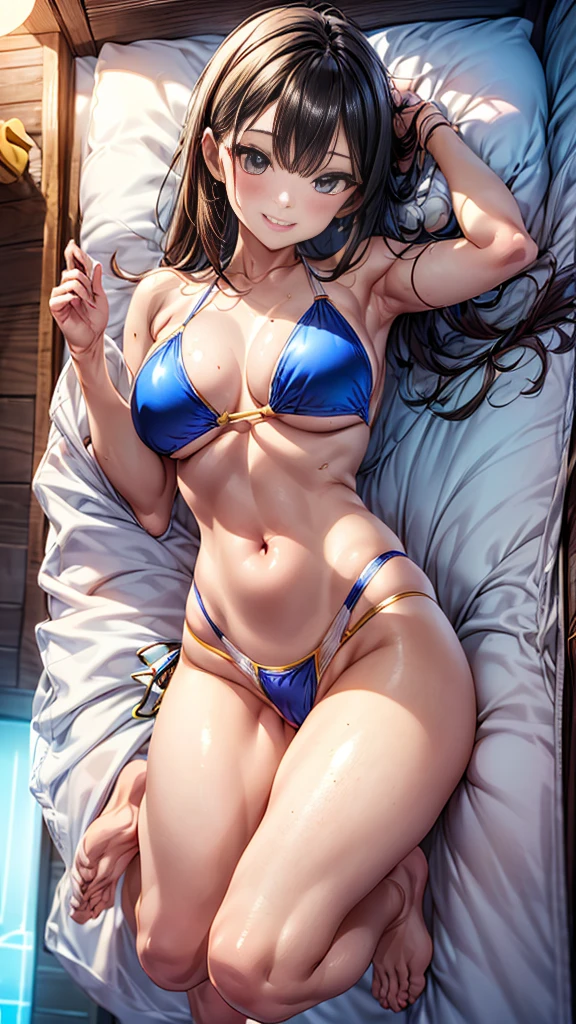 1 girl, the best, masterpiece, HD, (whole body), Symmetrical, alone, (whole body from head to toe), ((moro liberation front)), Slingshot bikini, unrealistic, (( camel toe)), ((((translucent bikini)))), ((((translucent)))), ((((transparent)))), (((transparent clothing))), whole body视图, Gaze towards the camera, ((Isometric pillow diagram)), ((dakimakura)), (Lying in bed),Physically based rendering, beautiful women, Perfect body, Smile, bedroom, Giant breast, barefoot, toe