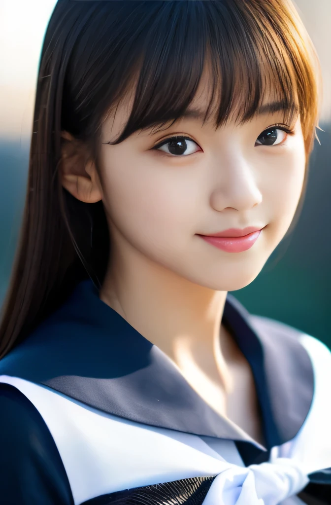 tmasterpiece，top-quality，offcial art，Highly detailed CG Unity 8K wallpapers，Like a schoolgirl，16yo girl，Very delicate beautiful，超A high resolution，（realisticlying：1.4），Golden Hour Lighting，（The upper part of the body），（Platinum Shorthair：0.8），（Puffy eyes），looking at viewert，facing front，ssmile，(Dark blue shirt、Sailor School Uniform、Navy blue pleated skirt:1.2)，The shirt boosts long black hair，（chiayi：1.5）， closeup cleavage， tmasterpiece， best qualtiy， RAW photogr， realisticlying， faces， incredibly absurd res， Buatigarh， depth of fields， hight resolution， ultra - detailed， finedetail， Very detailed， extremely detailed eye and face， Sharp pupils， pupil realistic， tack sharp focus， cinmatic lighting