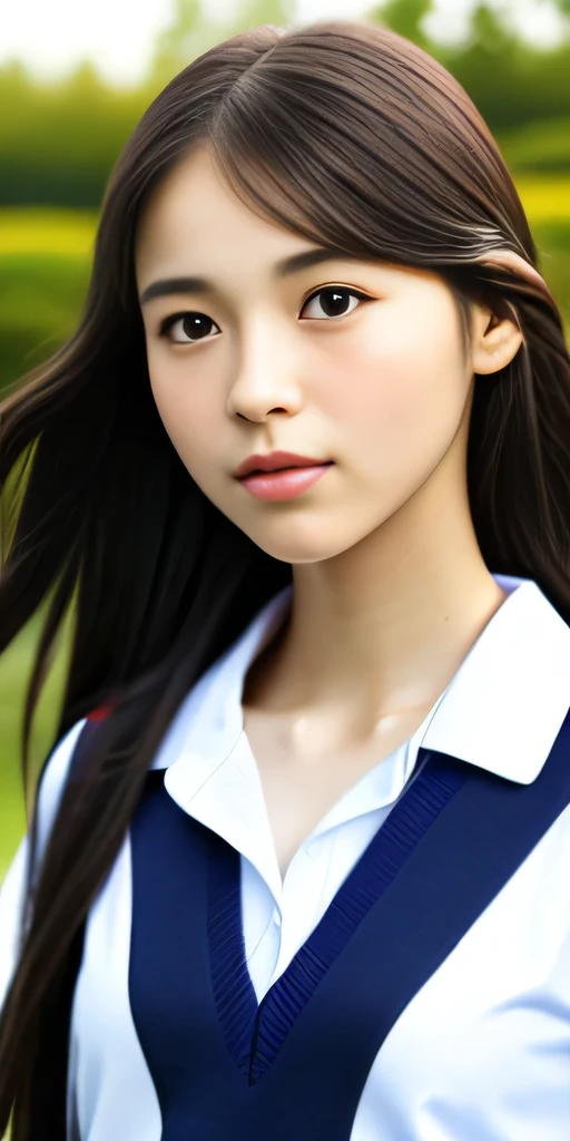 neat college girl, petite, (school uniform, summer clothes, short sleeves), outside the athletic field, (slim), photorealistic, detail, skin texture, ultra detail, delicate and sexy collarbone,  super detailed face, detailed lips, detailed eyes, double eyelids, cute japanese 1girl,