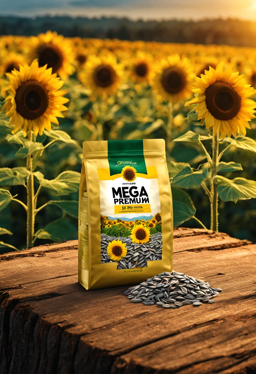 Create package design for sunflower seeds named "MEGA PREMIUM" and it is on the log in sunflower field, highlight, 4k, soft light